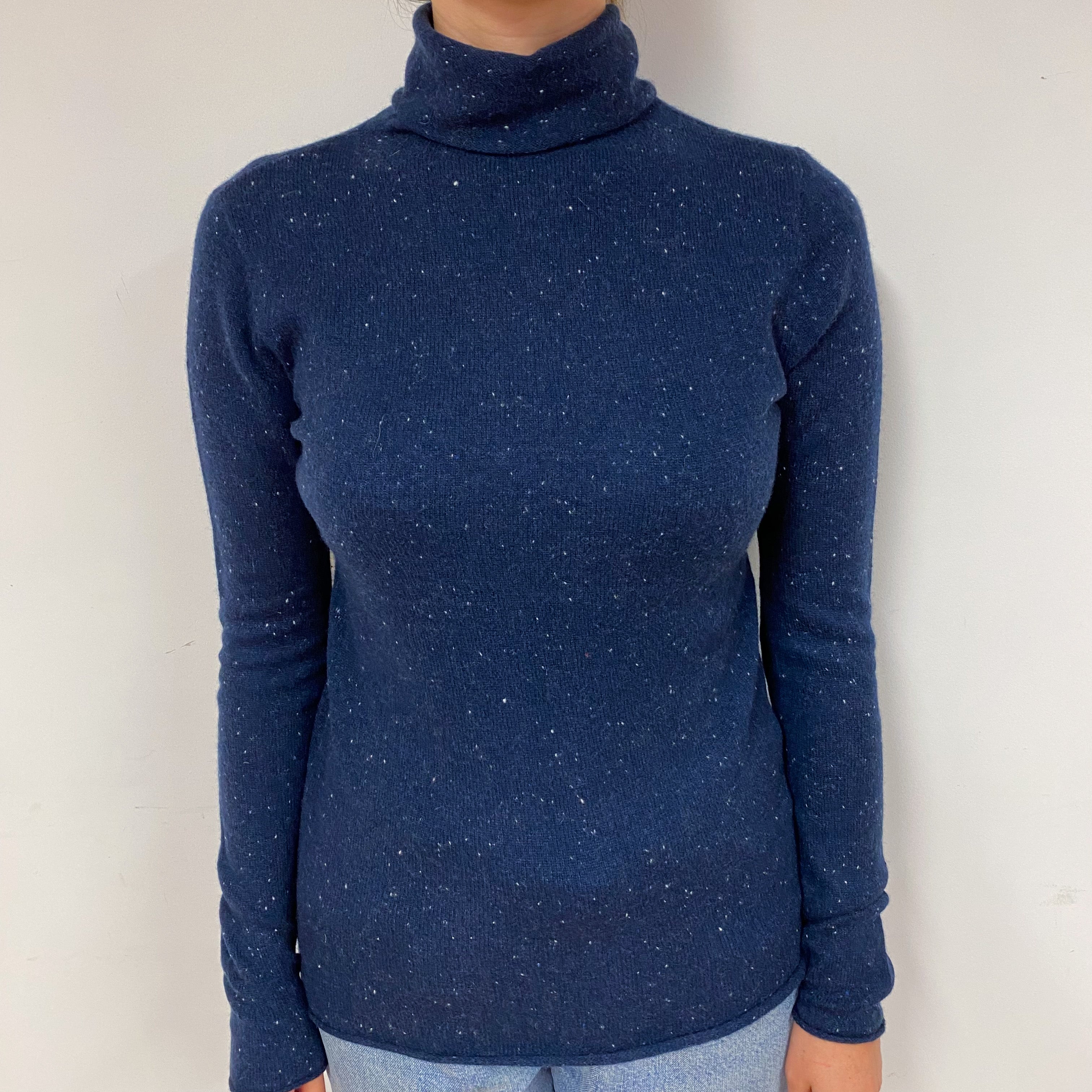 Navy Blue Speckle Cashmere Polo Neck Jumper Small