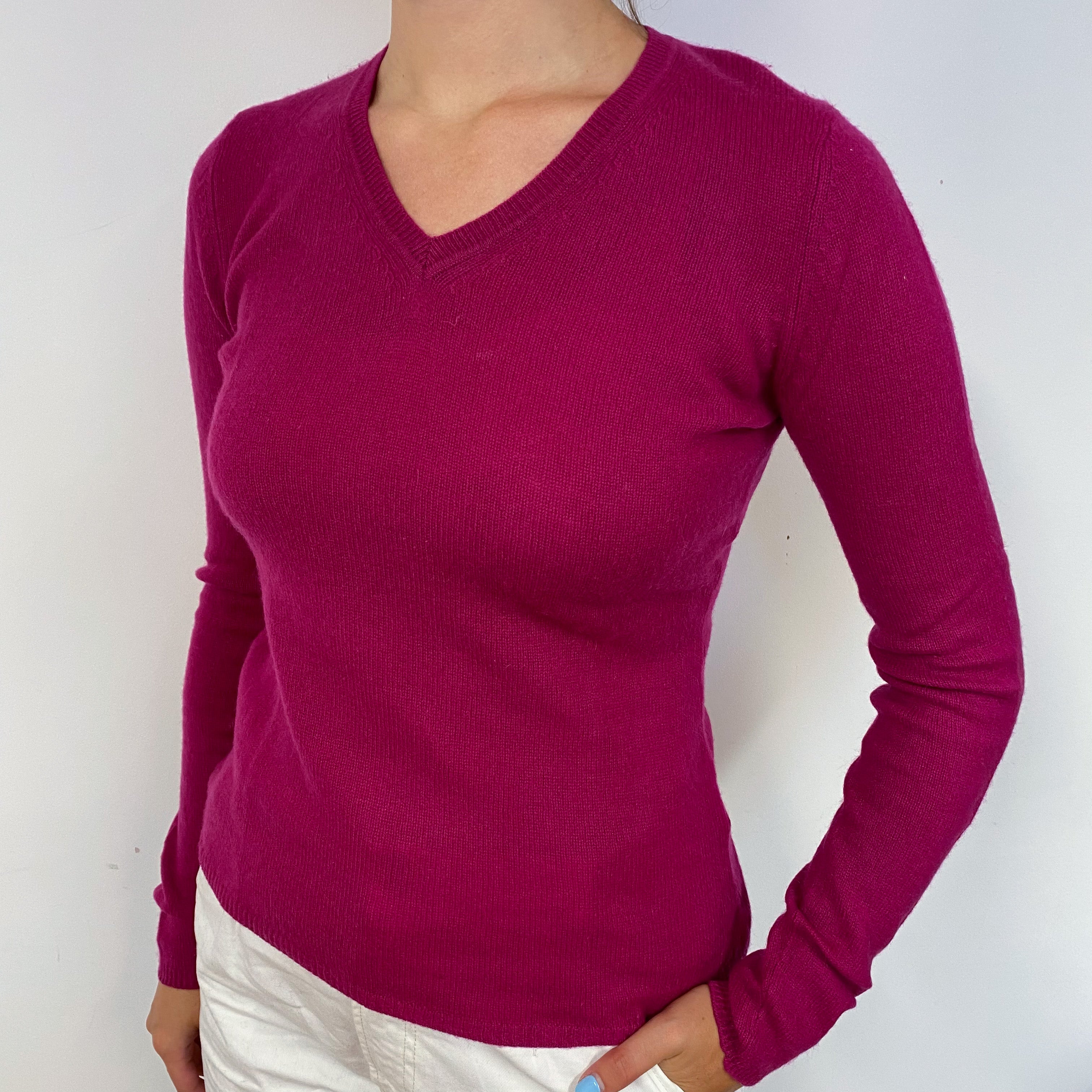 Magenta Pink V Neck Cashmere Jumper Small