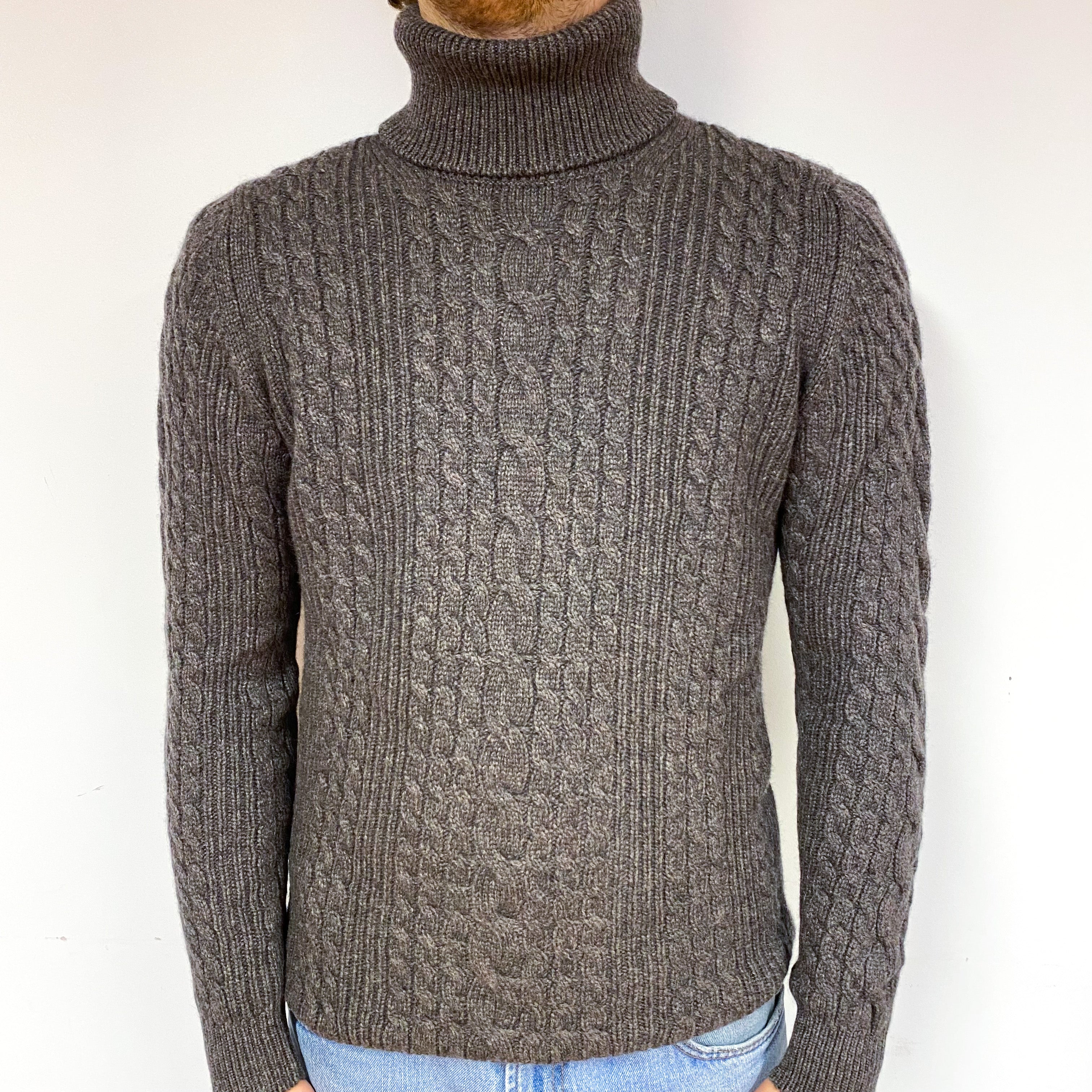 Men’s Brand New Scottish Chunky Muted Brown Polo Neck Jumper Medium & Large
