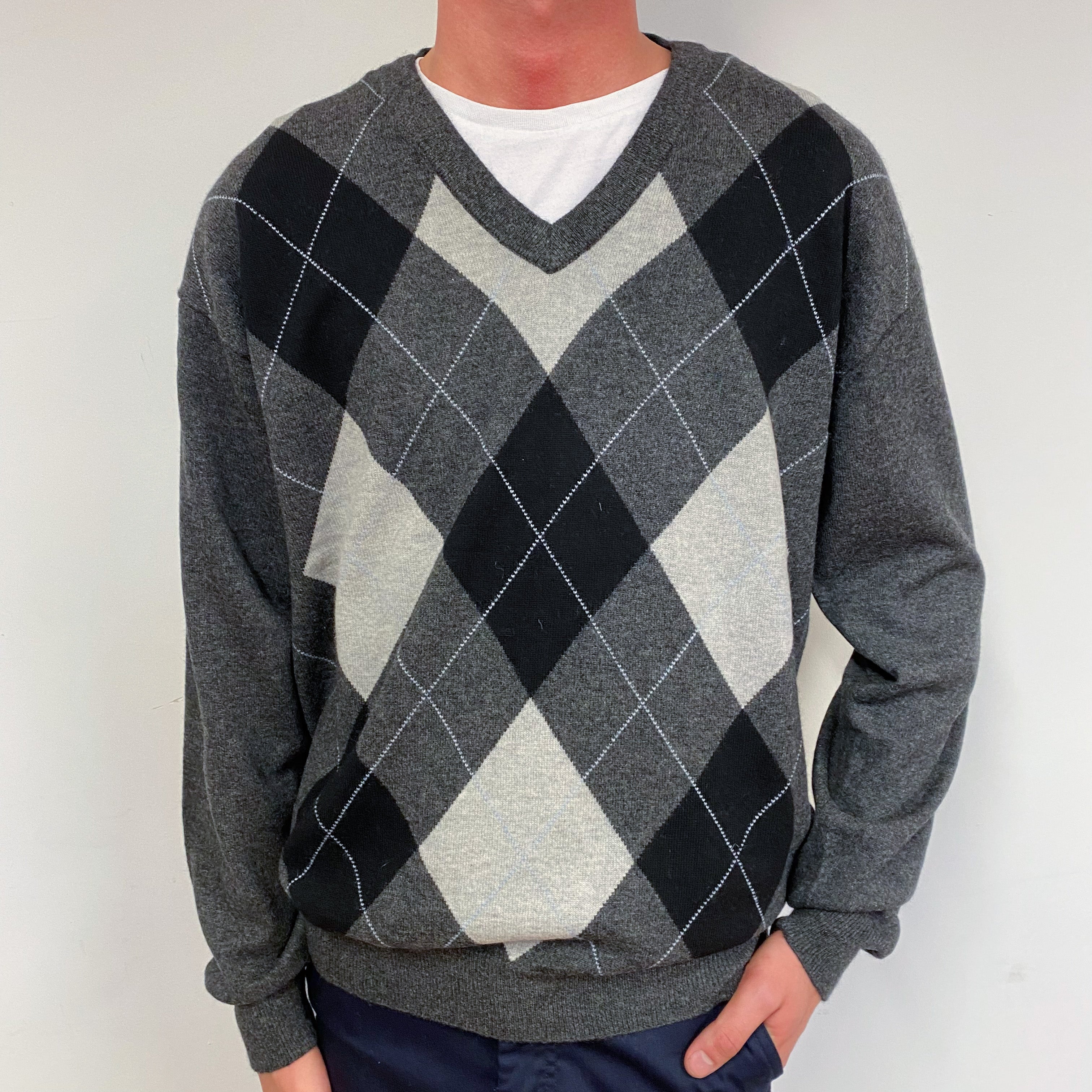 Men’s Black and Grey Diamond V Neck Jumper Medium