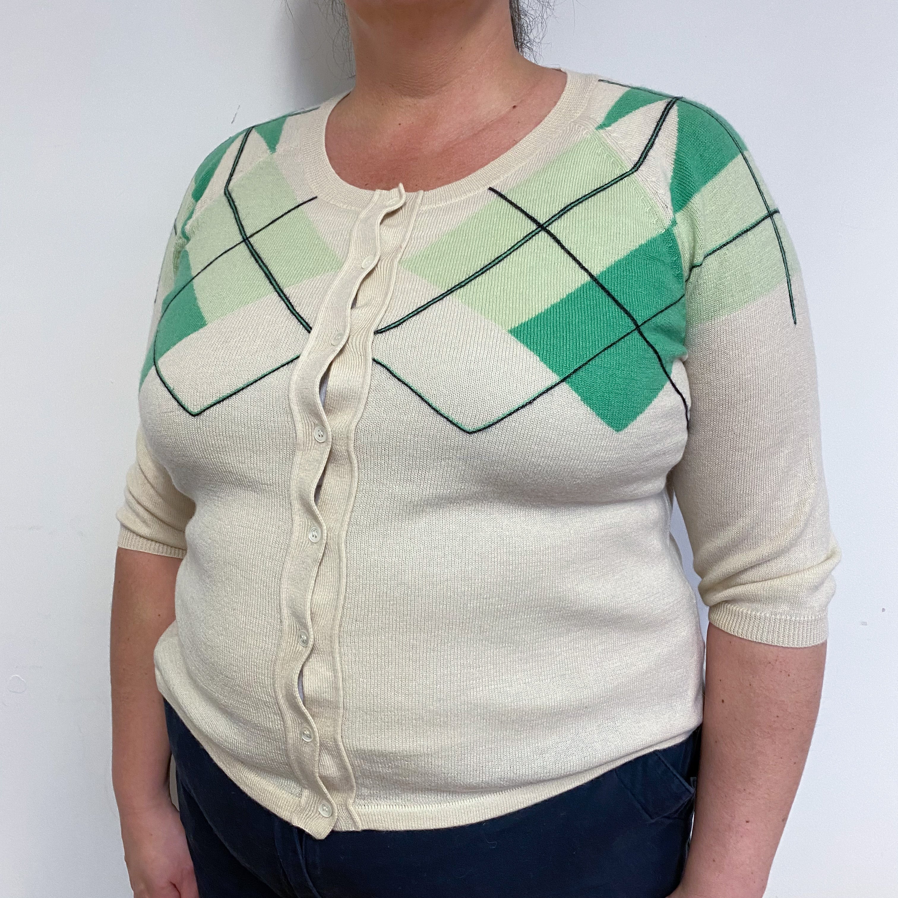 Short Sleeved Cream and Spring Green Crew Neck Cardigan XL