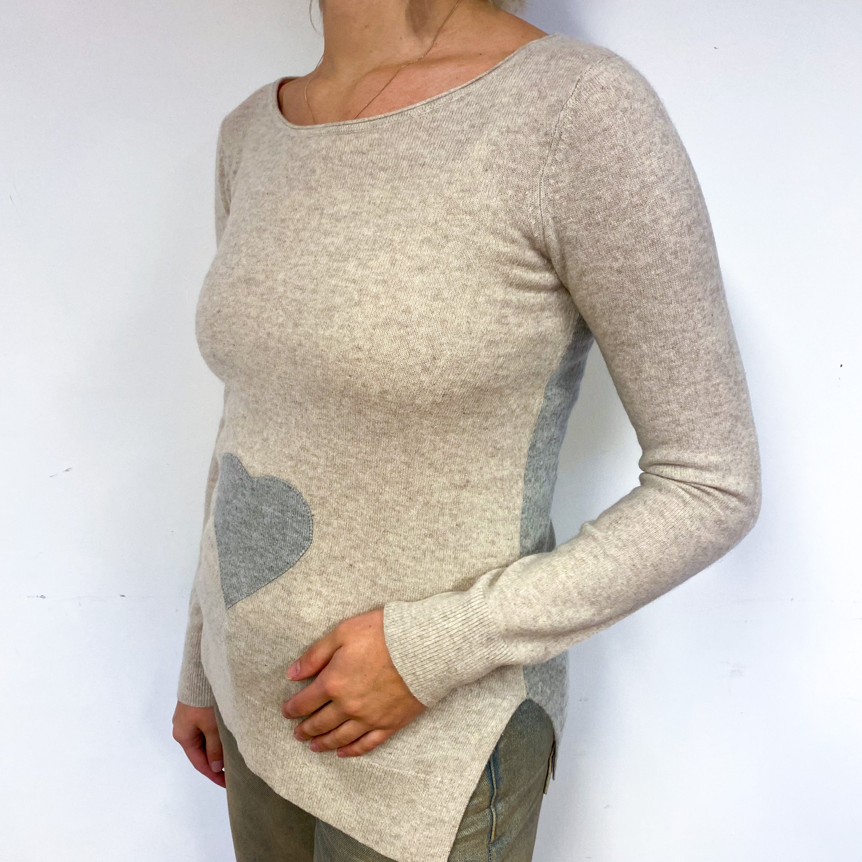 Oatmeal and Grey Heart Detailed Crew Neck Jumper Small