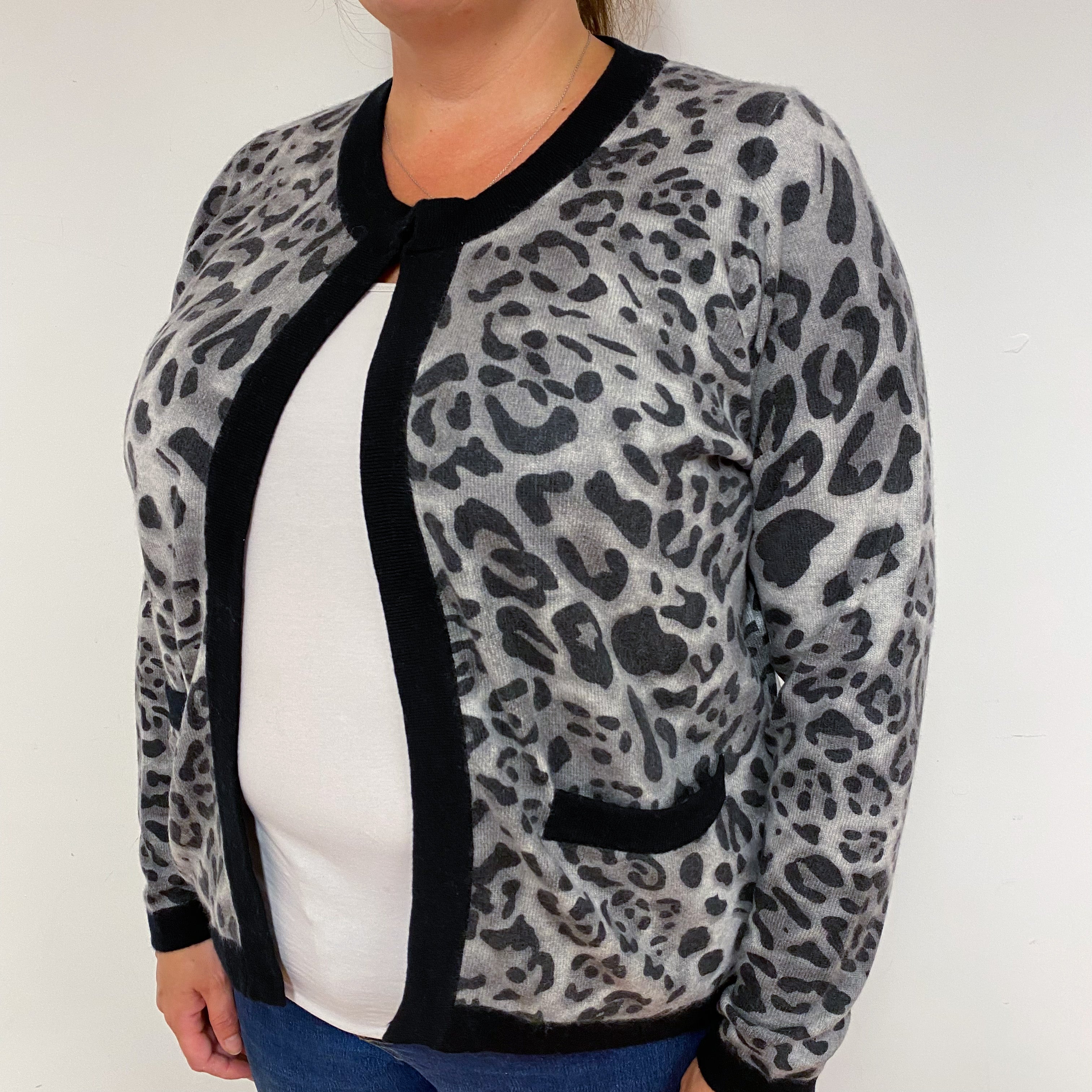 Grey Leopard Crew Neck Cardigan Extra Large