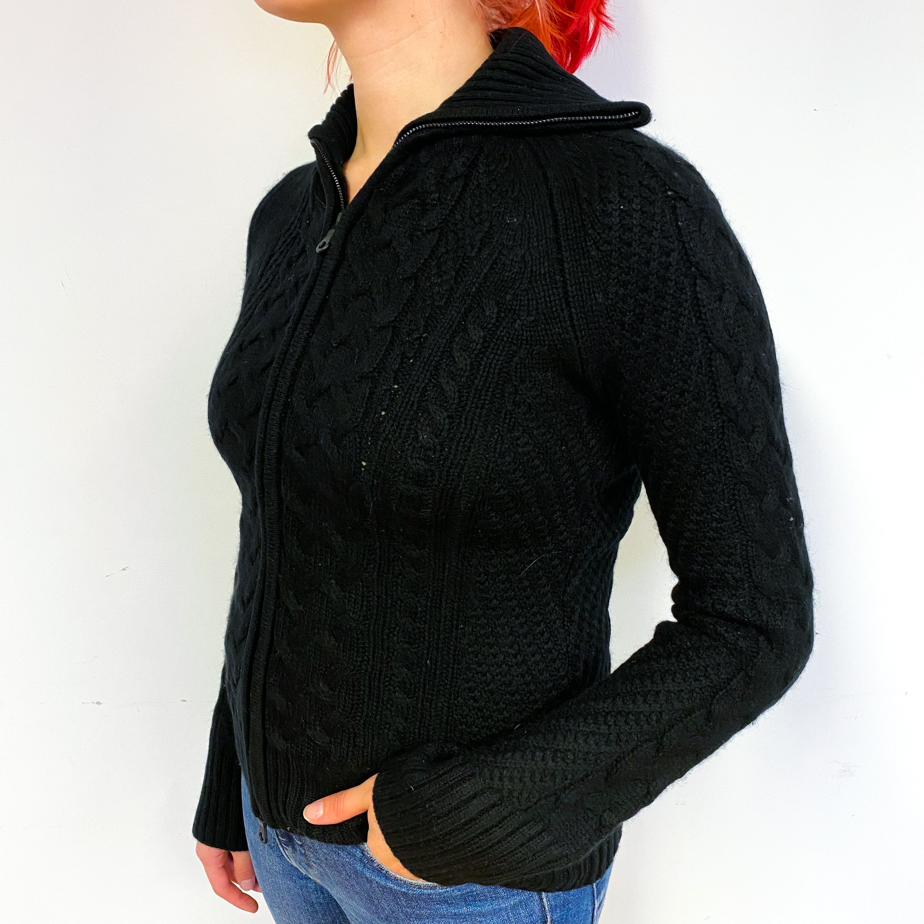 Black Chunky Cable Cashmere Zip Front Cardigan Small
