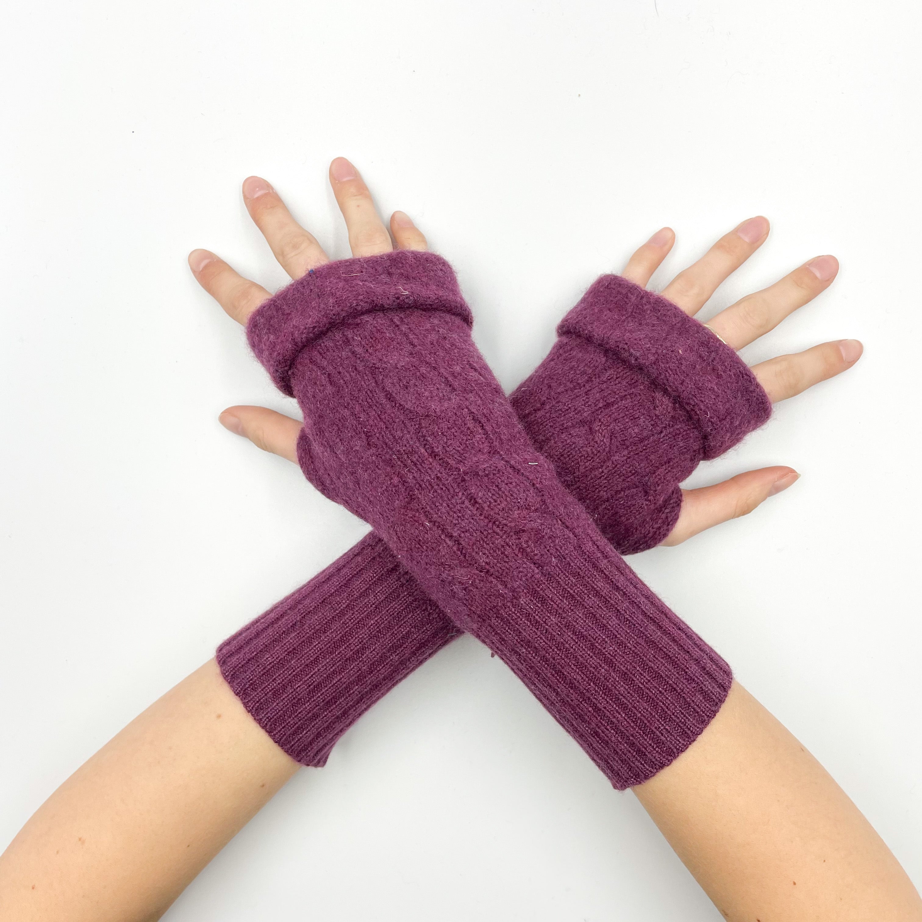 Plum Cable Knit Fingerless Gloves