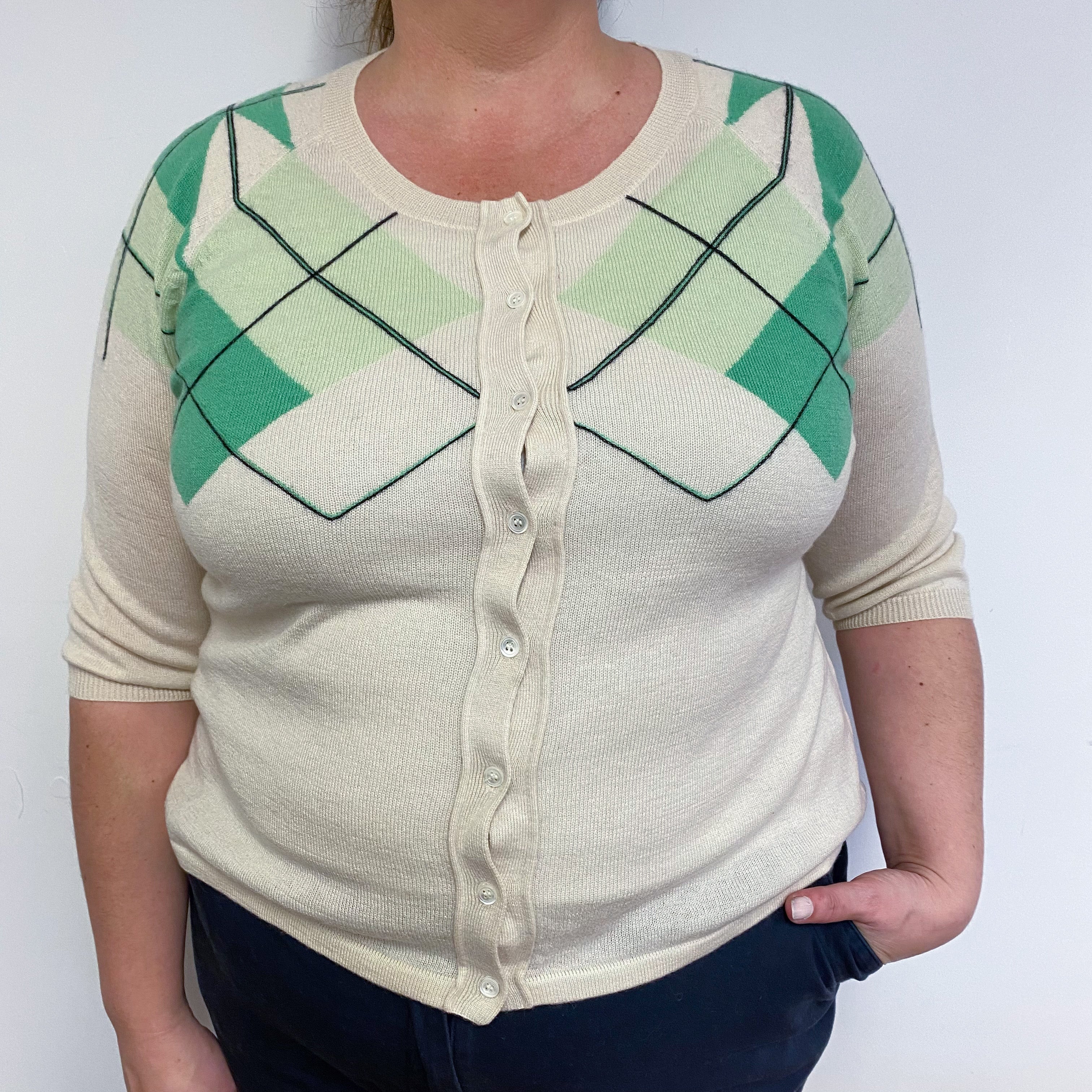 Short Sleeved Cream and Spring Green Crew Neck Cardigan XL