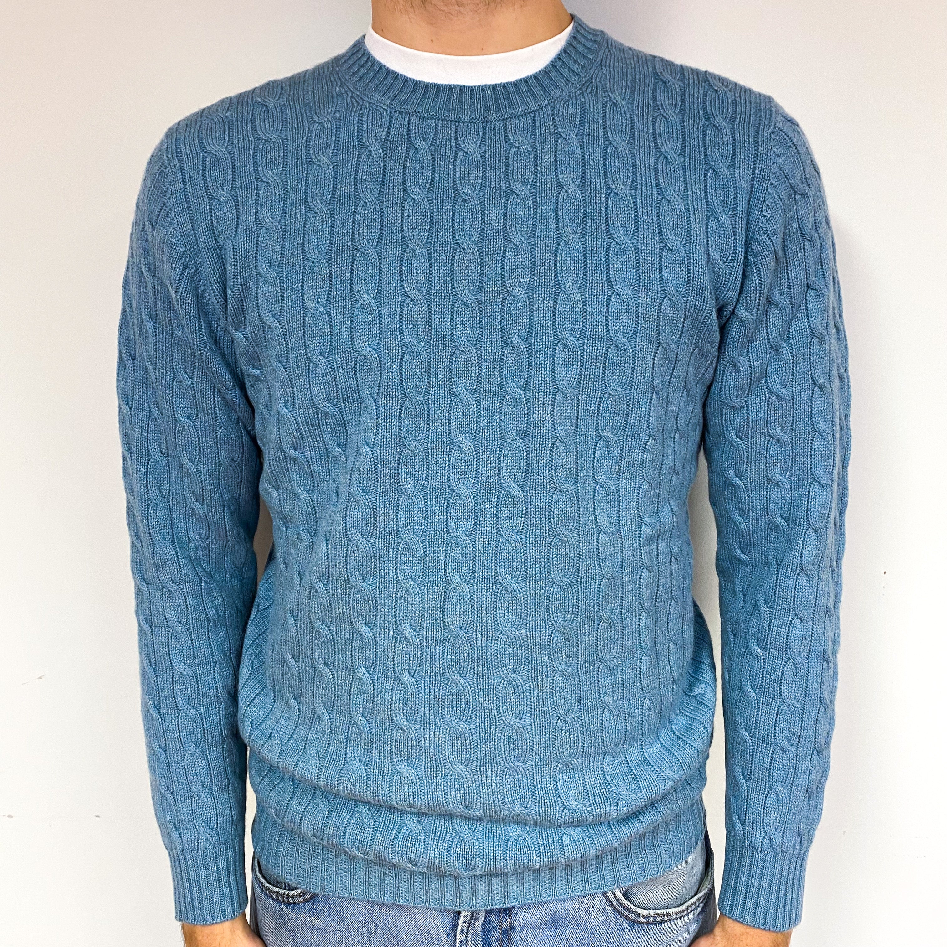 Men’s Brand New Scottish Ocean Blue Cable Crew Neck Jumper Medium
