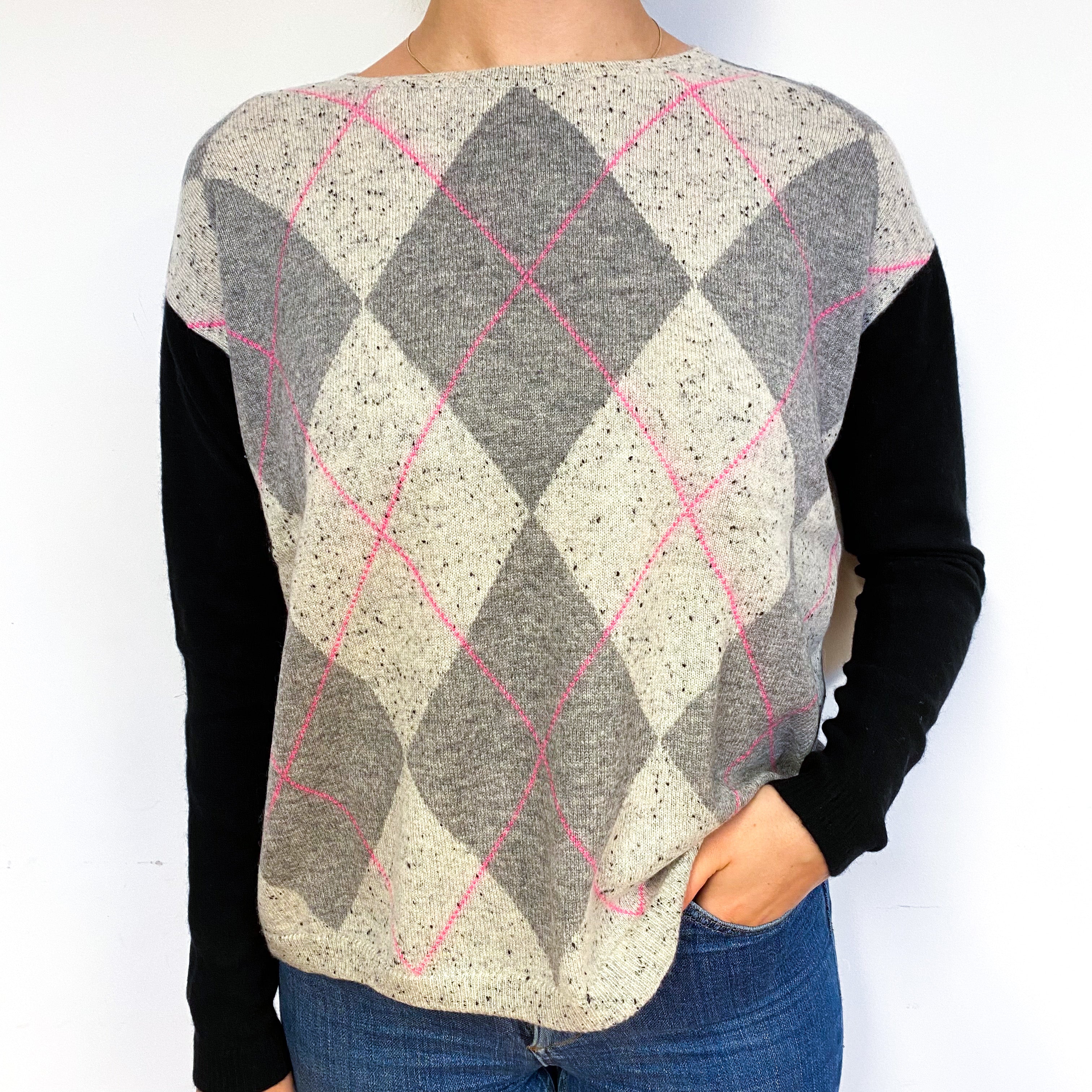 Slouchy Grey Diamond Cashmere Crew Neck Jumper Small