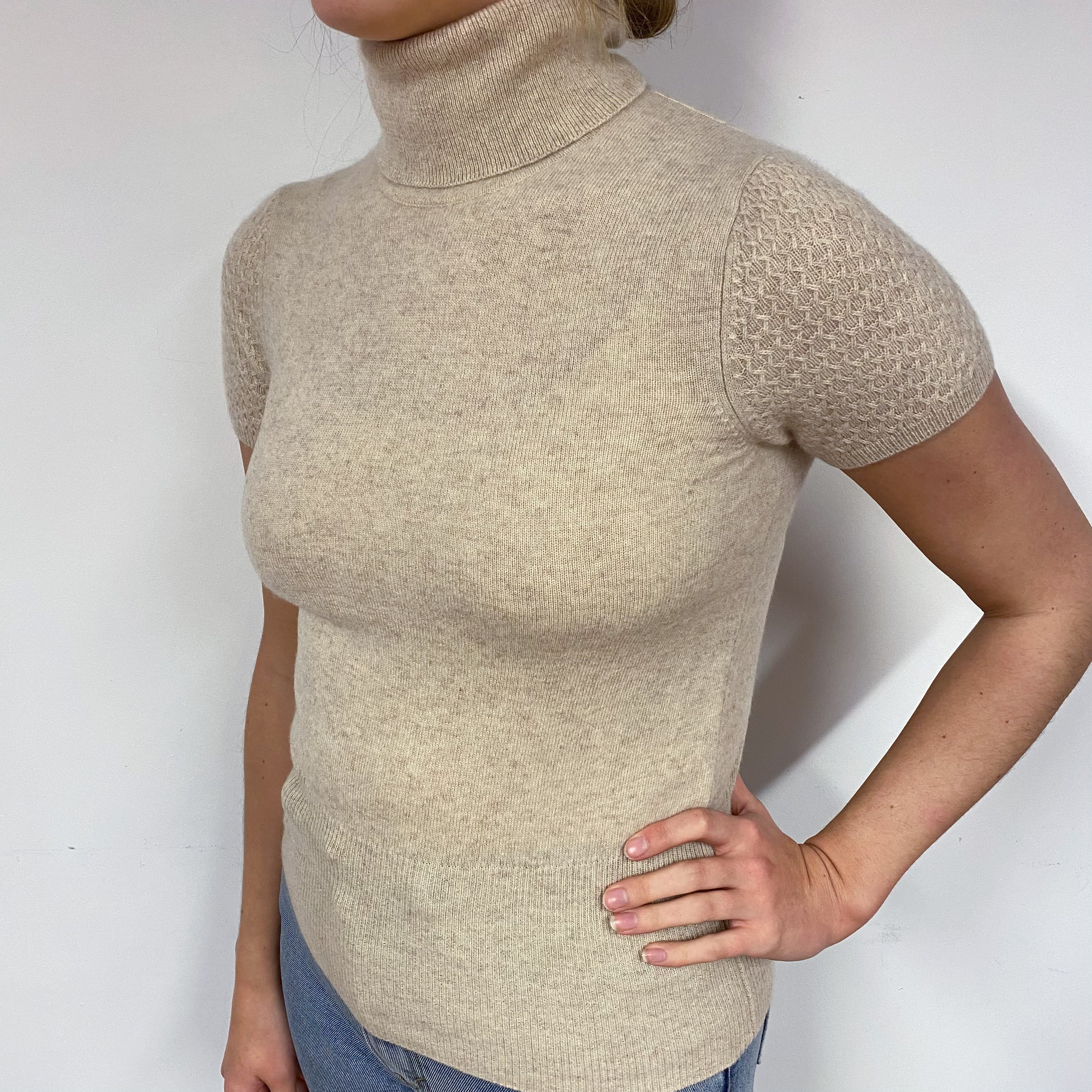 Beige Cashmere Short Sleeved Polo Neck Jumper Small