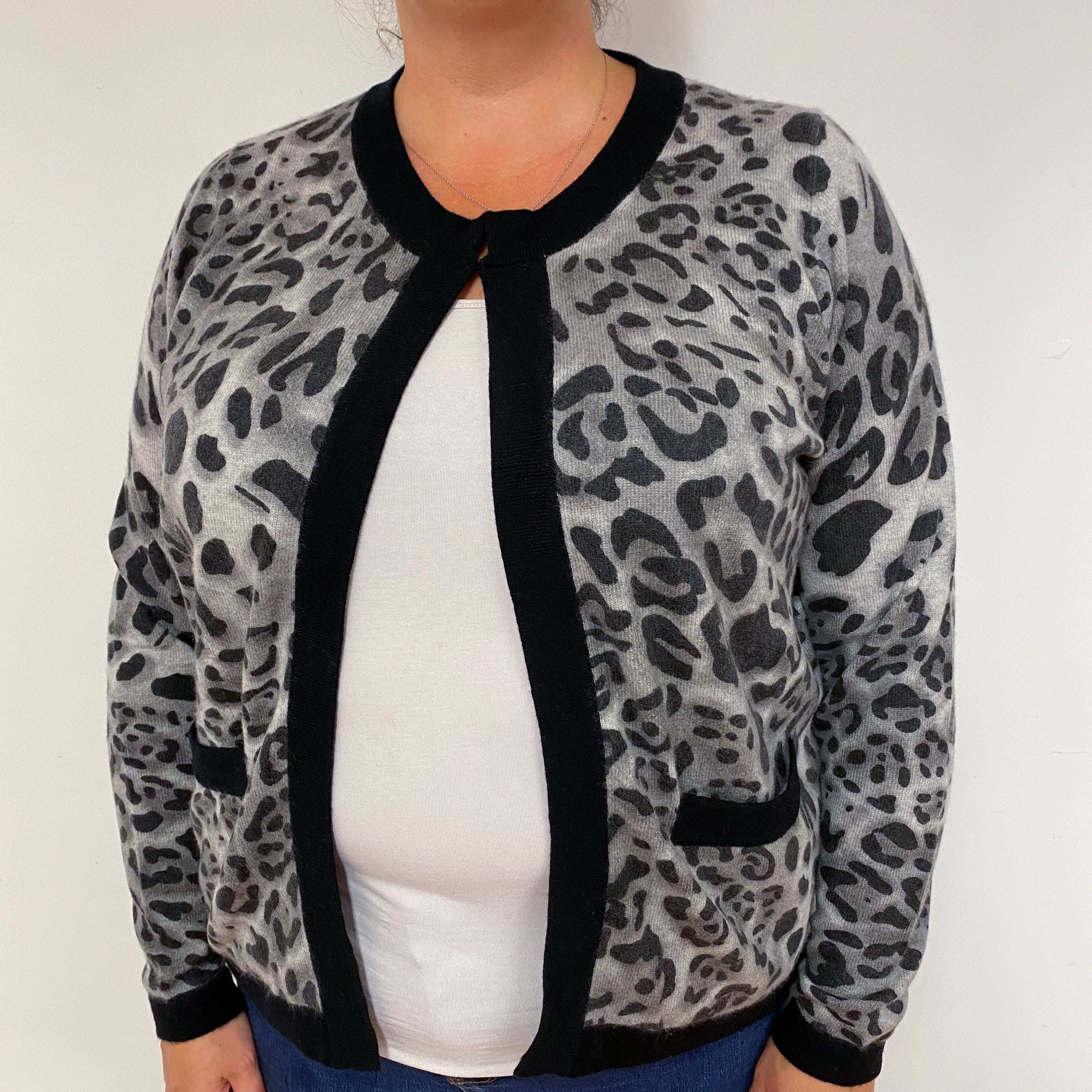 Grey Leopard Crew Neck Cardigan Extra Large