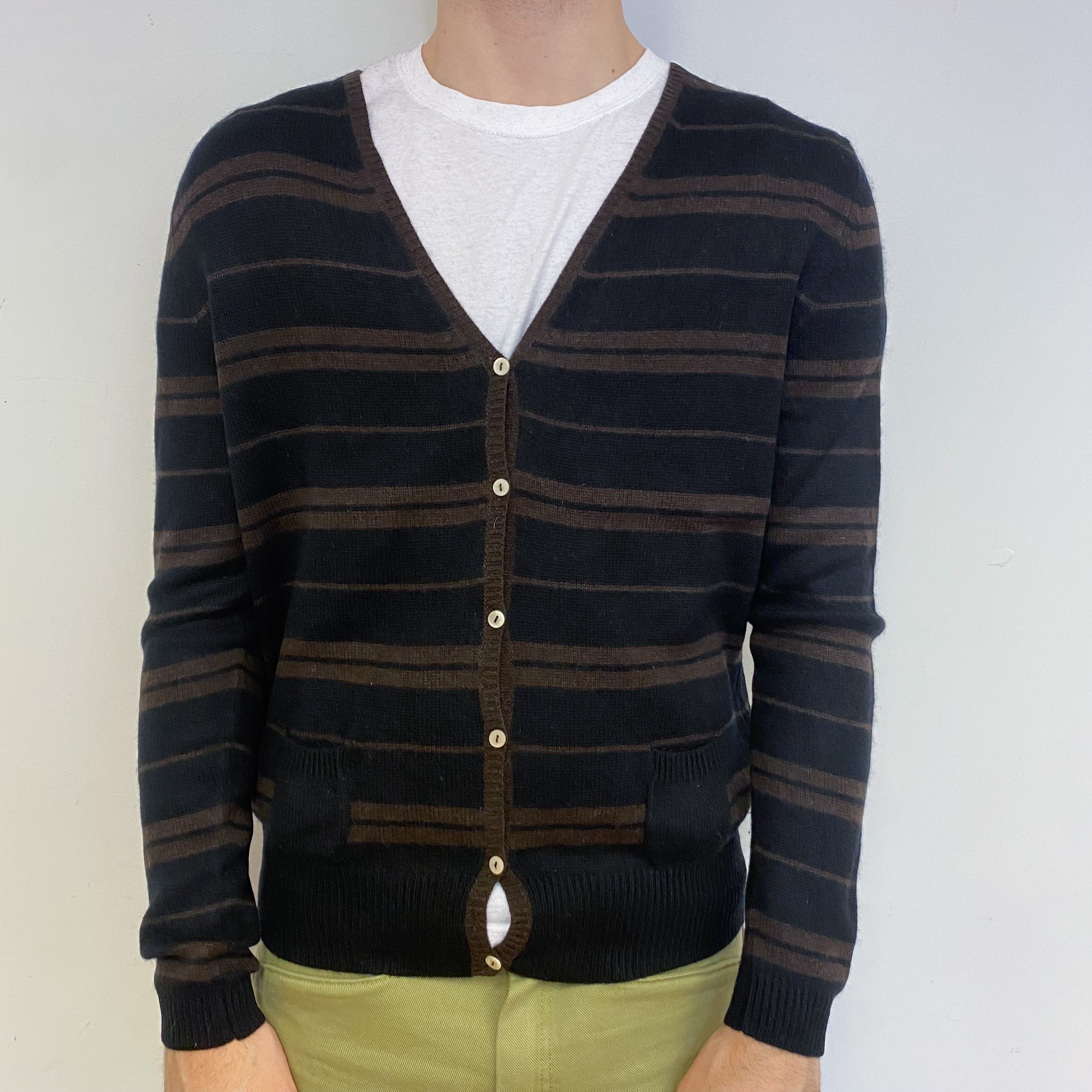 Men’s Black and Chocolate Brown Striped Cardigan Medium