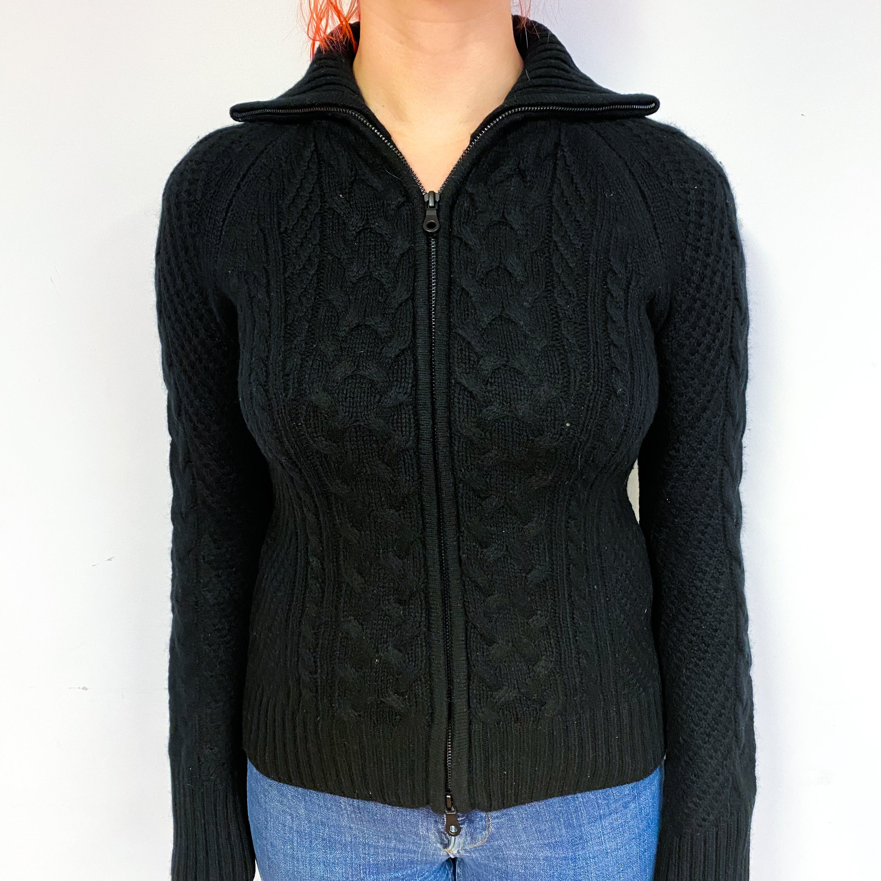 Black Chunky Cable Cashmere Zip Front Cardigan Small
