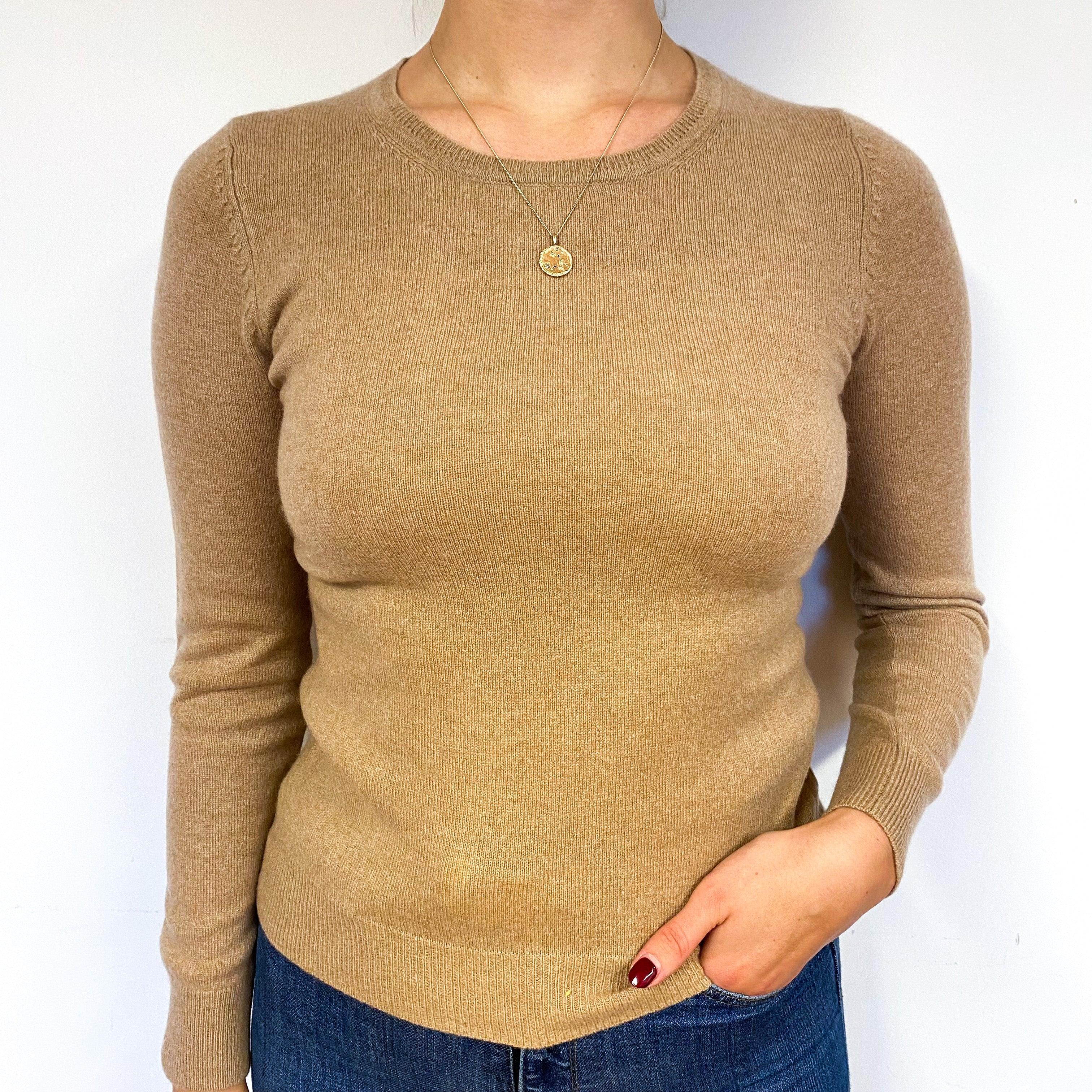 Camel Brown Cashmere Crew Neck Jumper Small