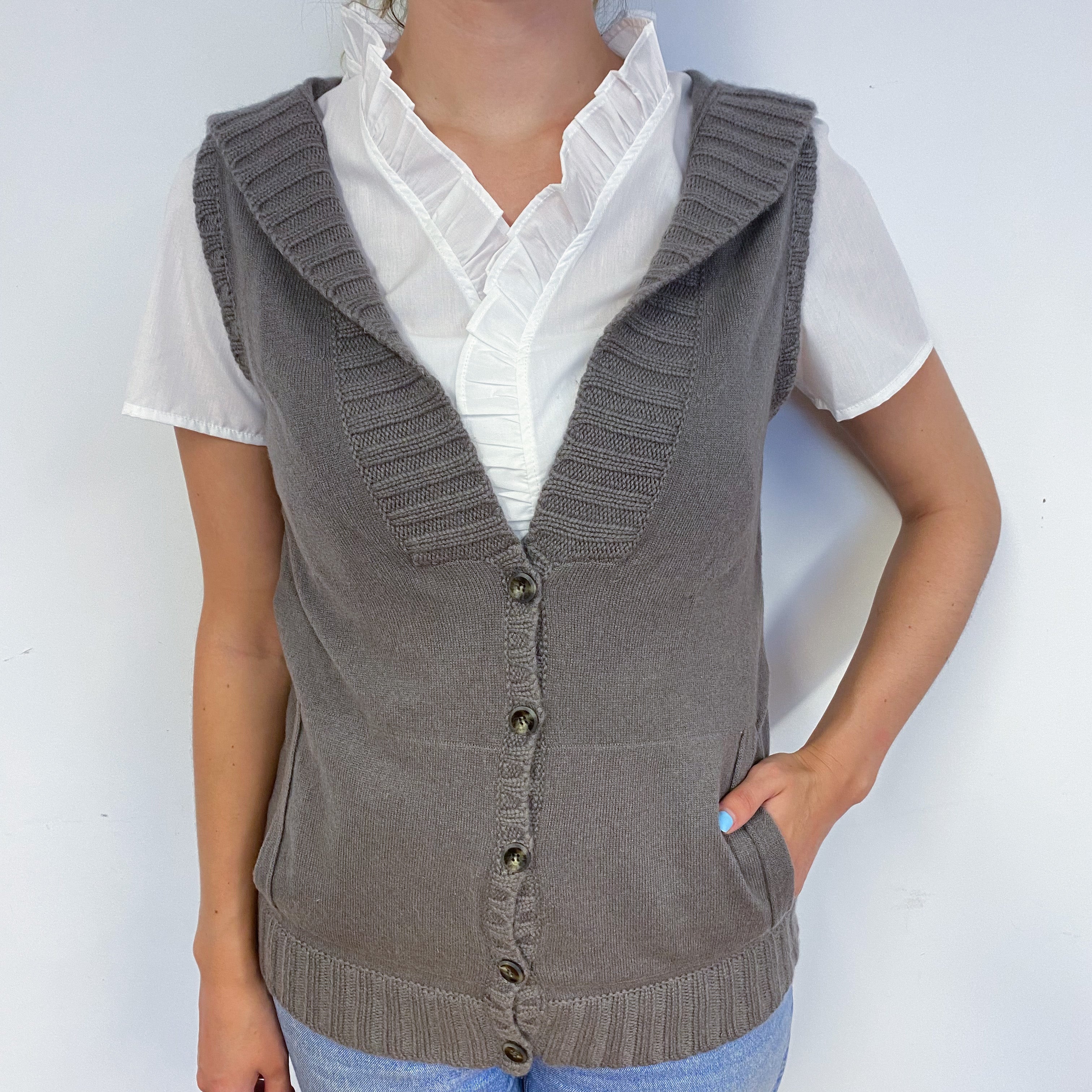 Mocha Grey Sleeveless V Neck Hooded Cardigan Small