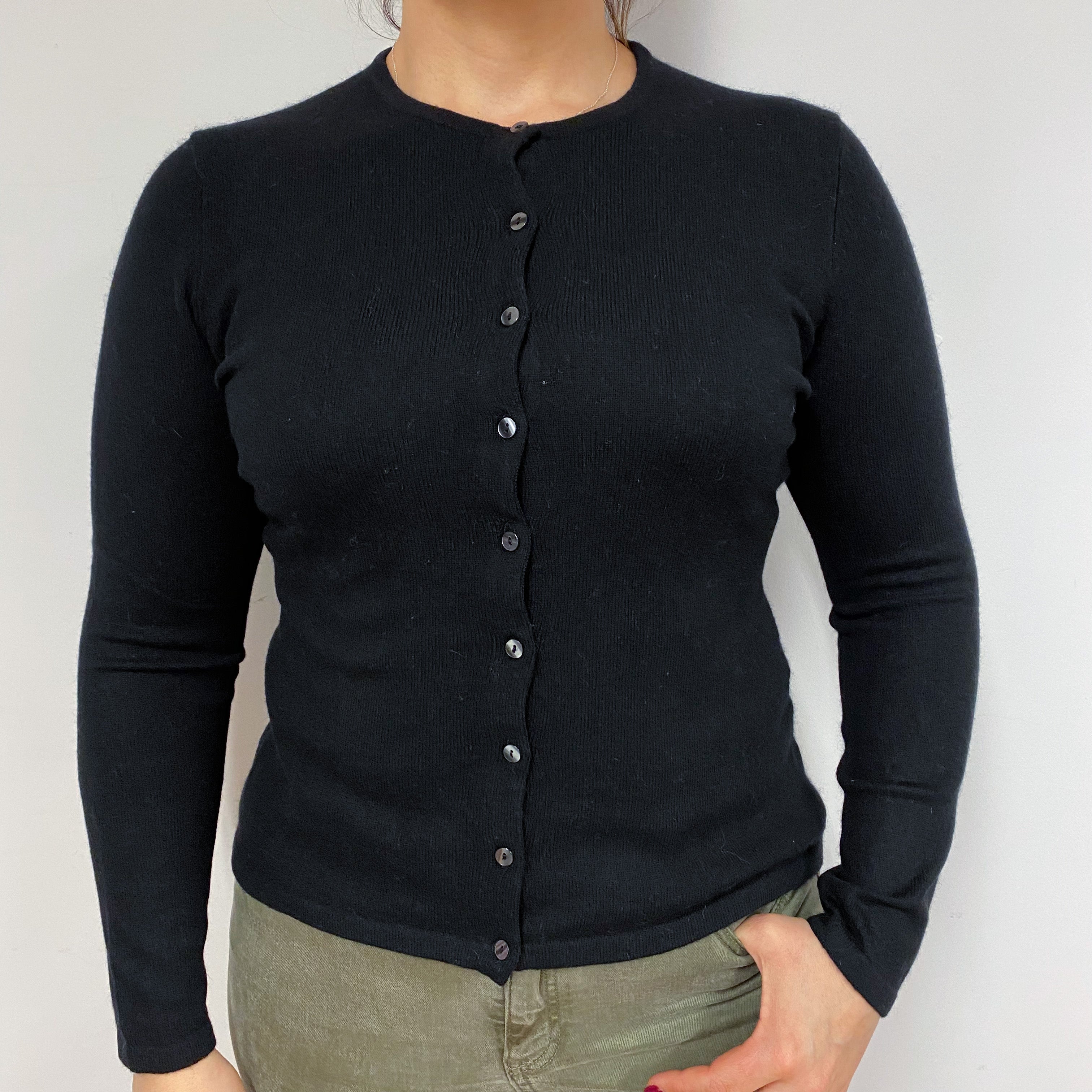 Black Fitted Crew Neck Cardigan Large Petite