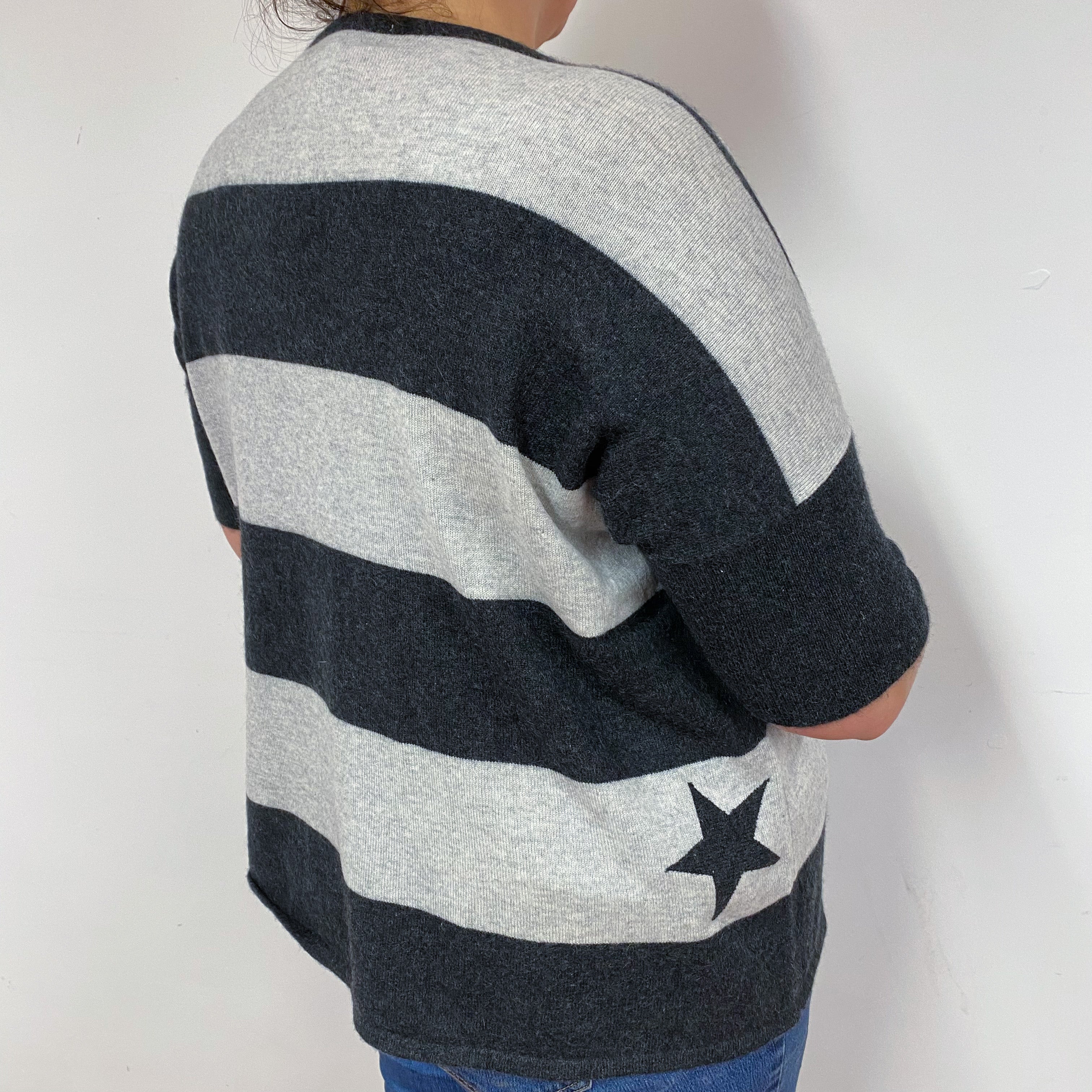 Grey Striped Cashmere Short Sleeved Jumper Extra Large