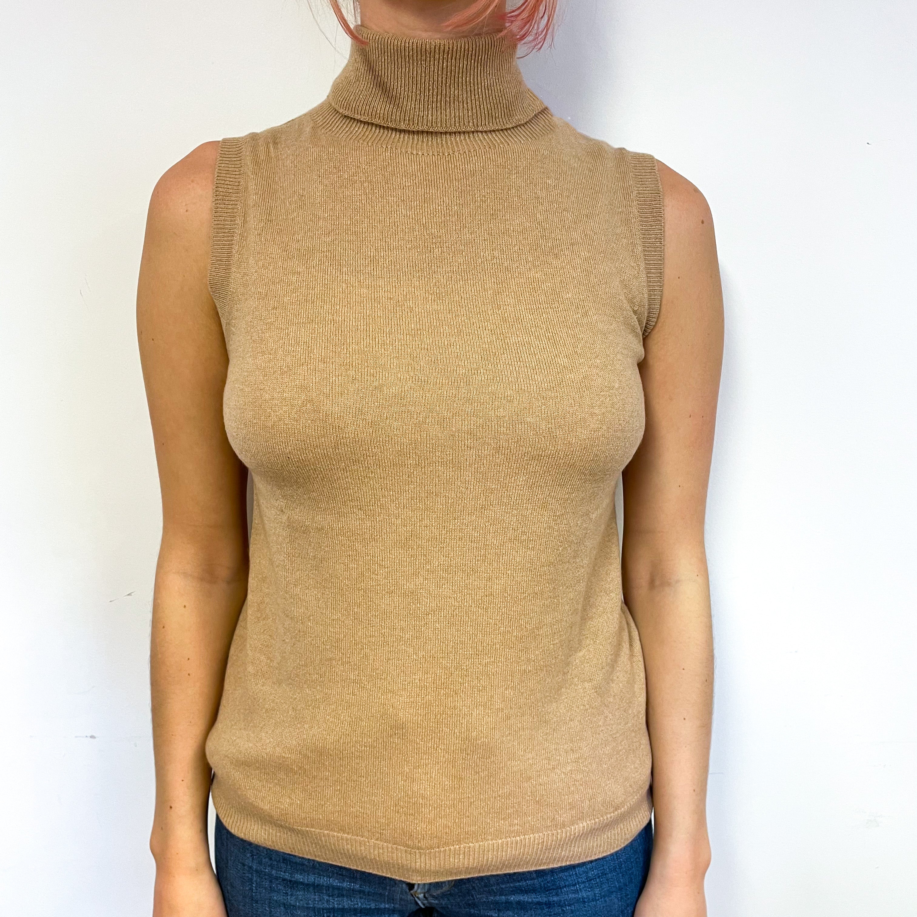 Brand New Scottish Camel Cashmere Sleeveless Polo Small