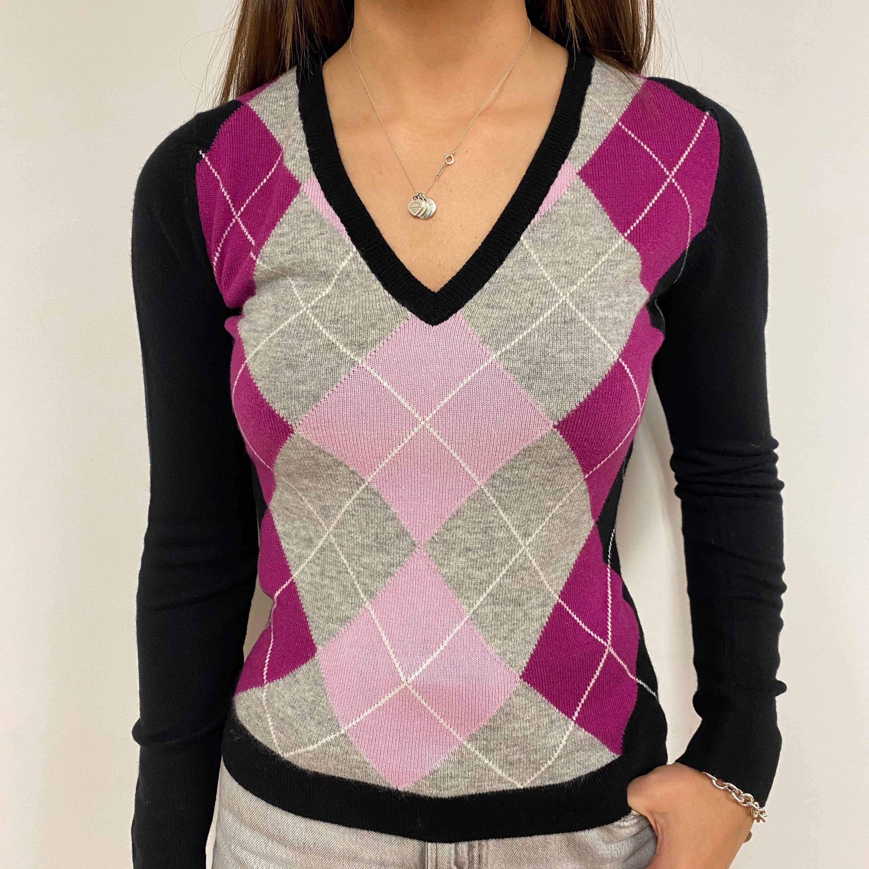 Brand New Scottish Black and Pink Argyle Cashmere V Neck Jumper Extra Small
