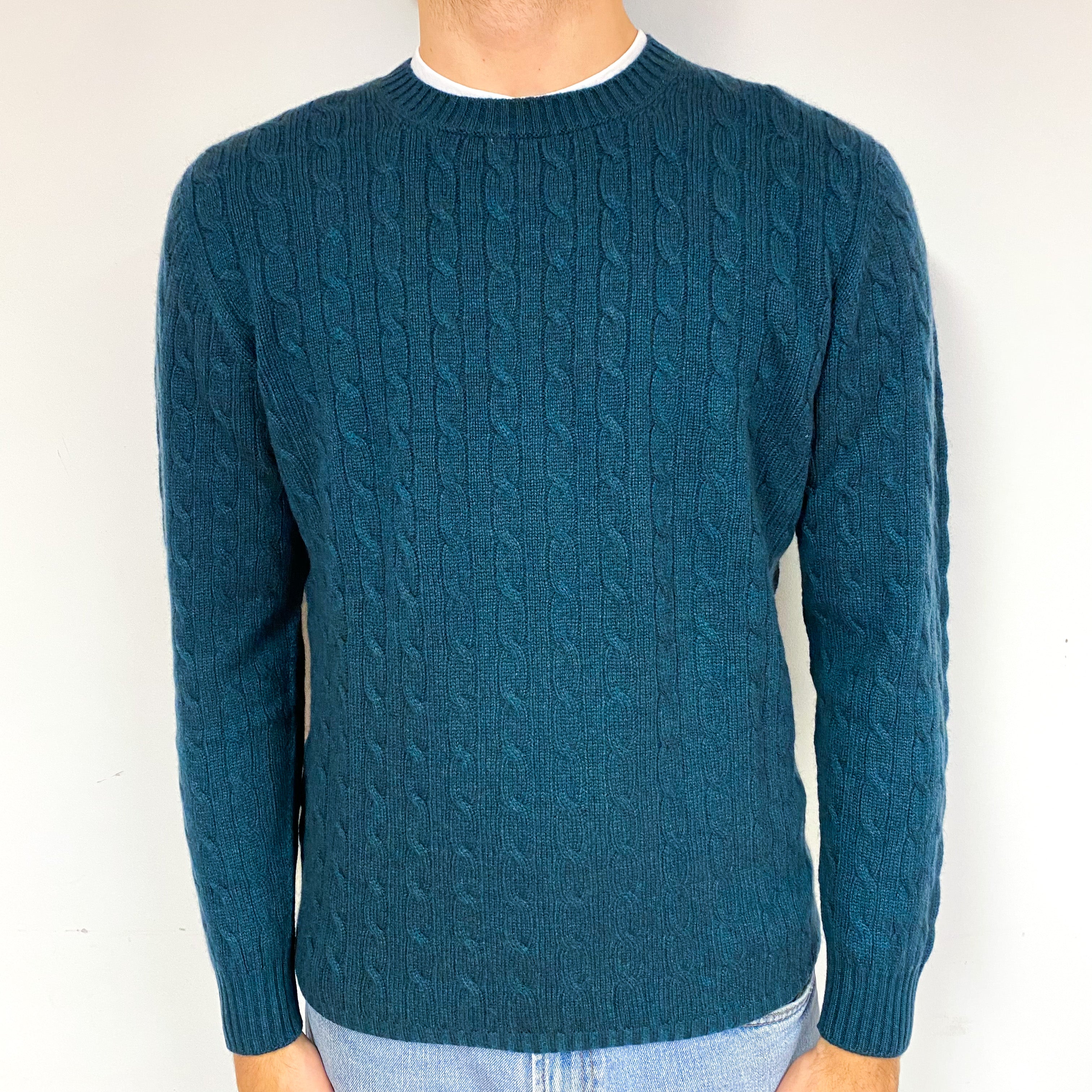 Men’s Brand New Scottish Forest Green Cable Crew Neck Jumper Large