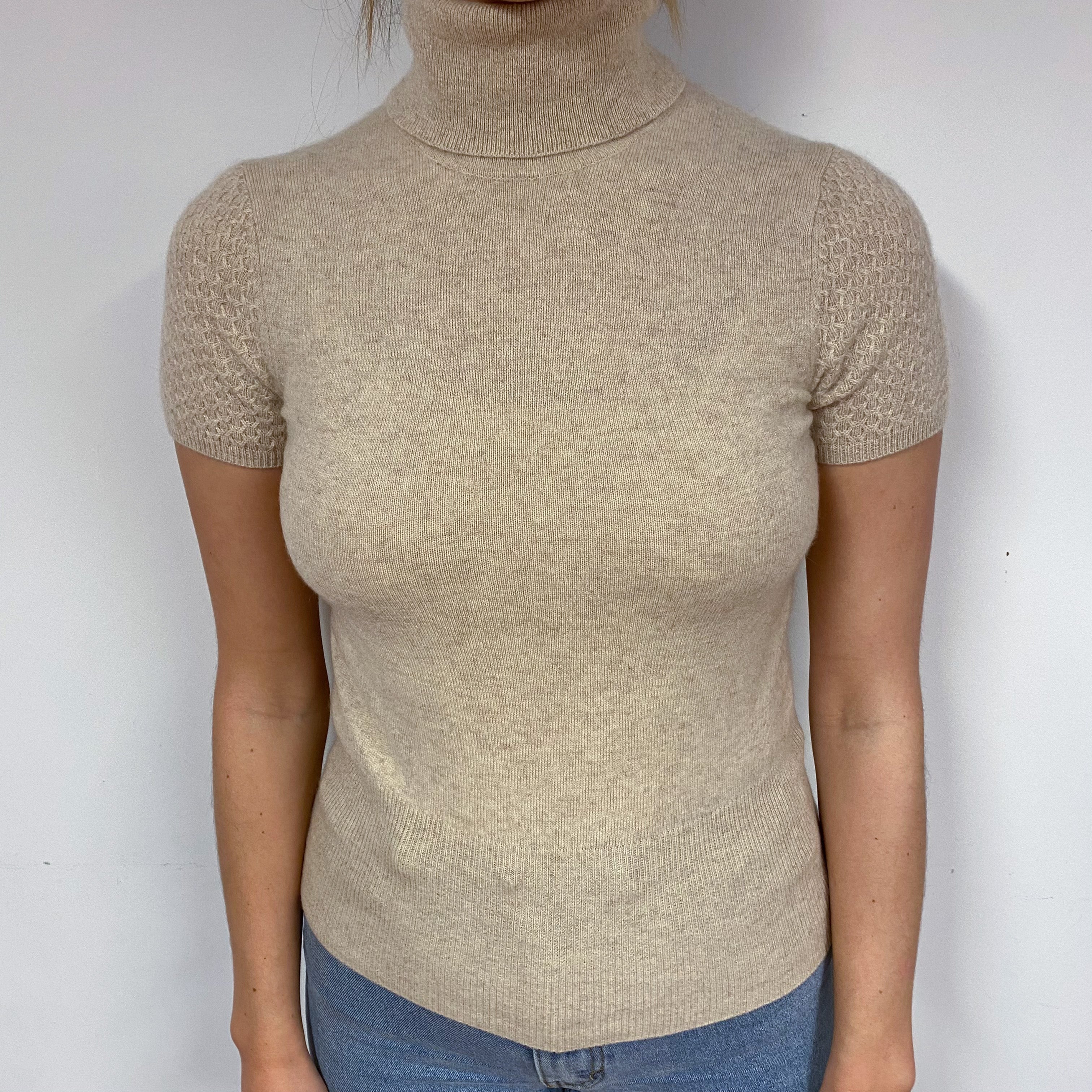 Beige Cashmere Short Sleeved Polo Neck Jumper Small