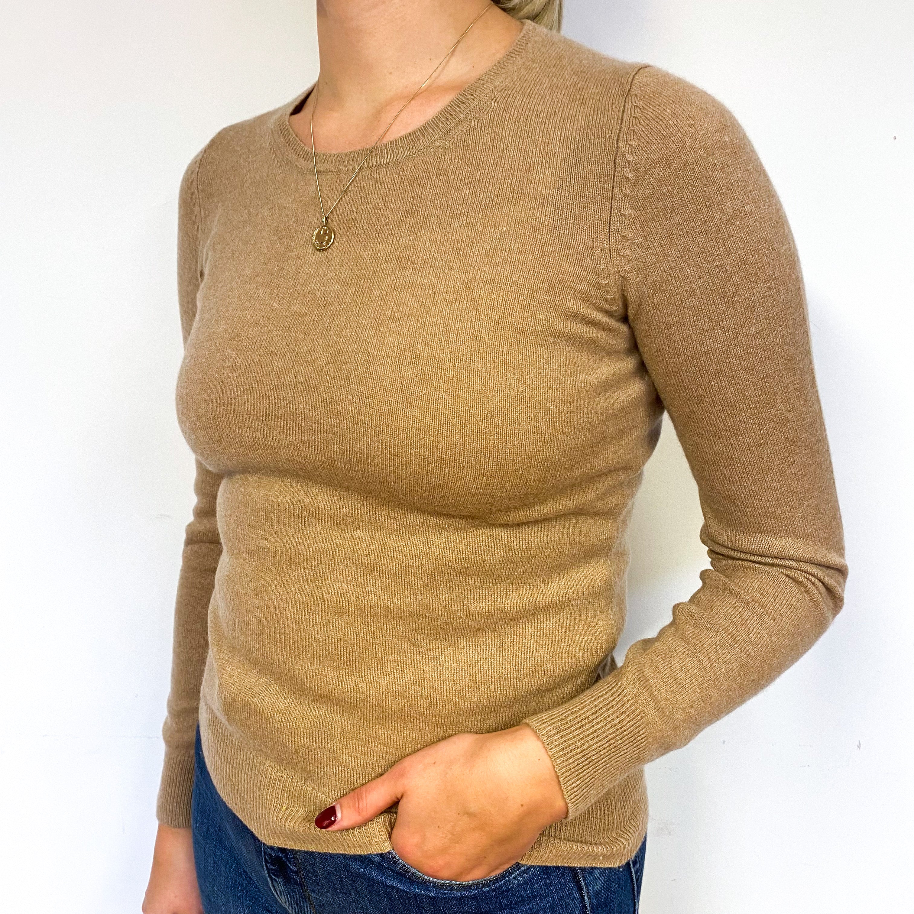 Camel Brown Cashmere Crew Neck Jumper Small