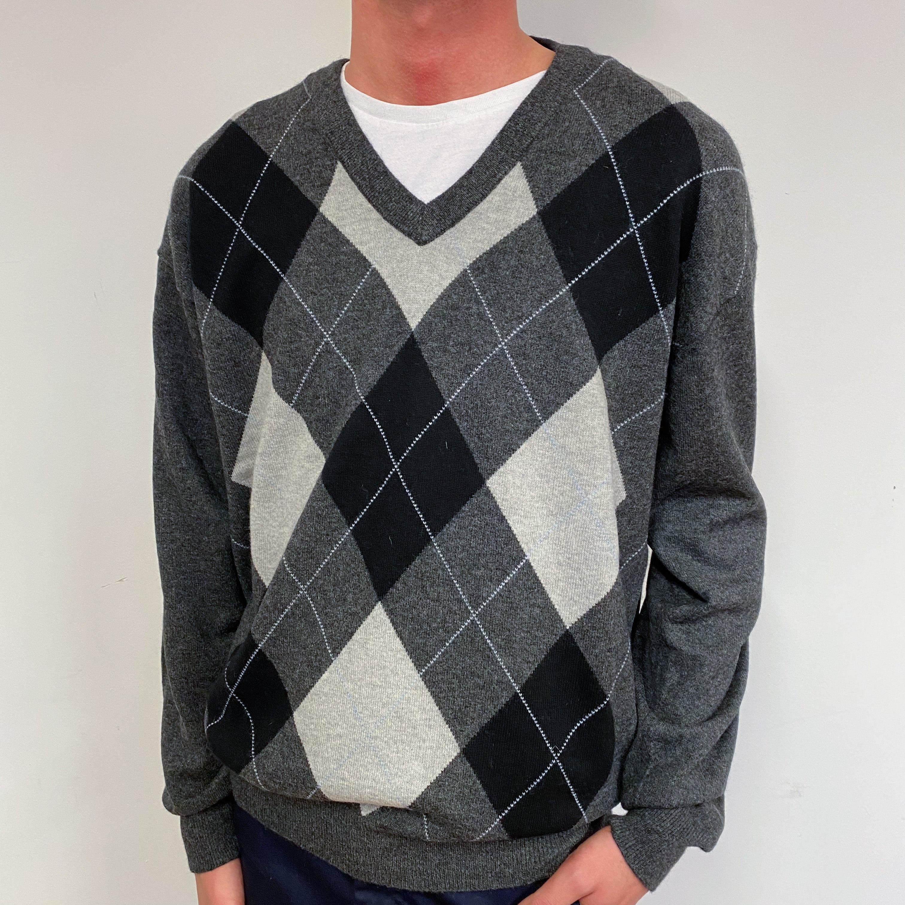 Men’s Black and Grey Diamond V Neck Jumper Medium