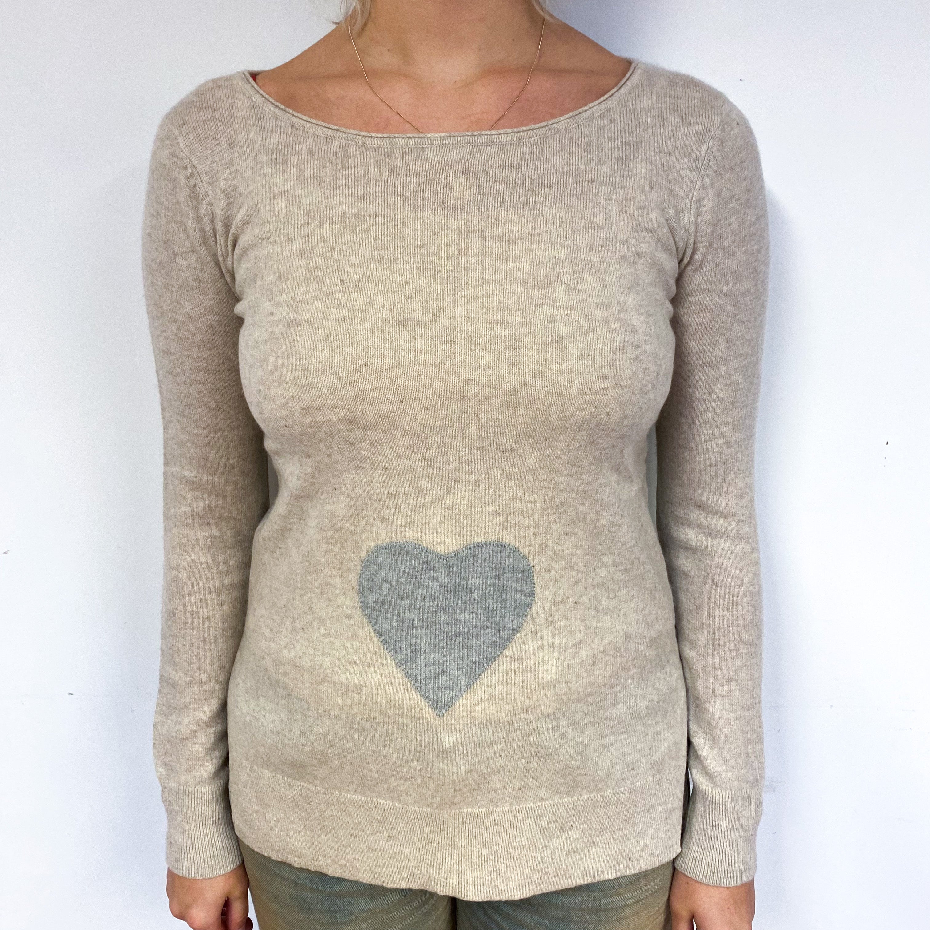 Oatmeal and Grey Heart Detailed Crew Neck Jumper Small