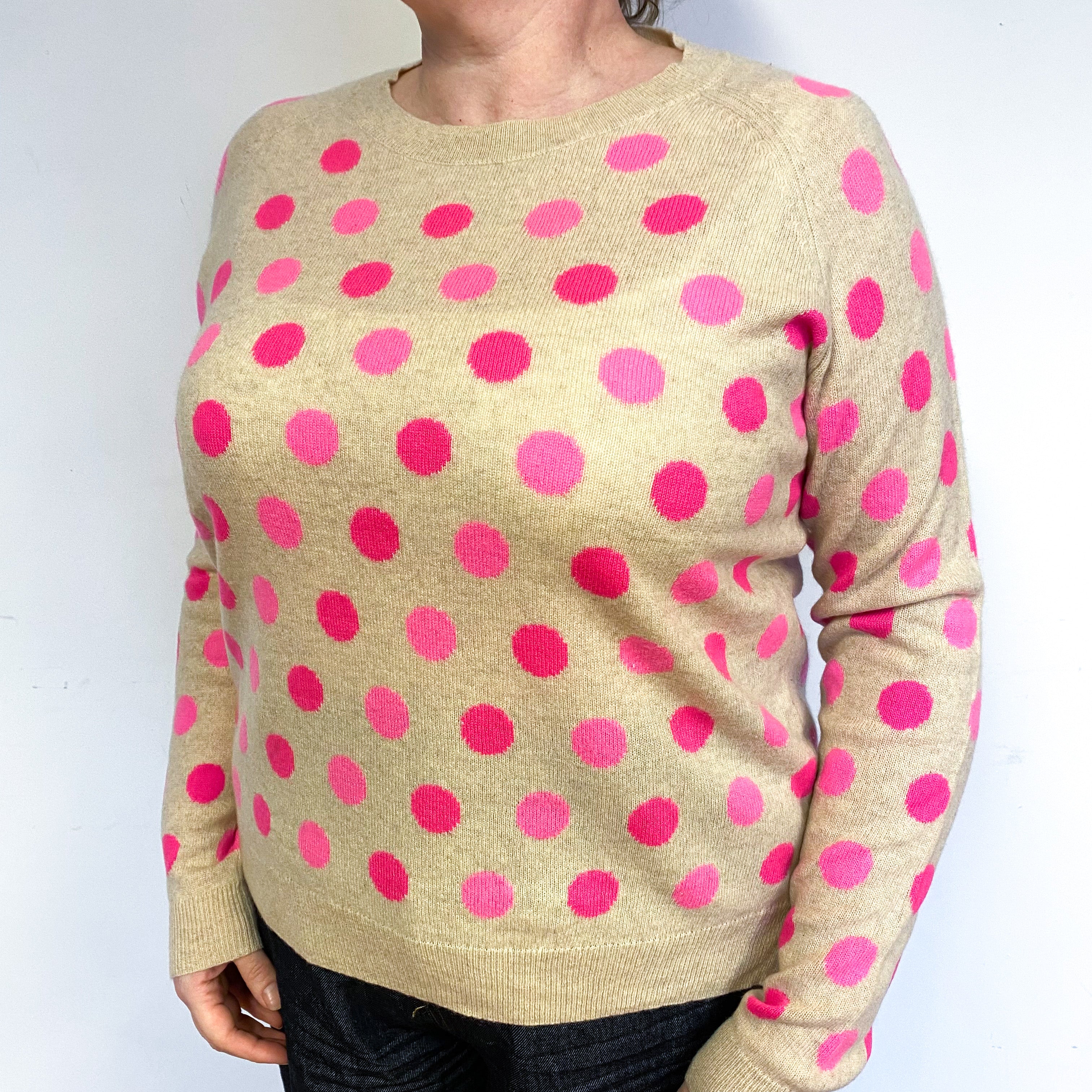Beige Pink Polka Dot Cashmere Crew Neck Jumper Large