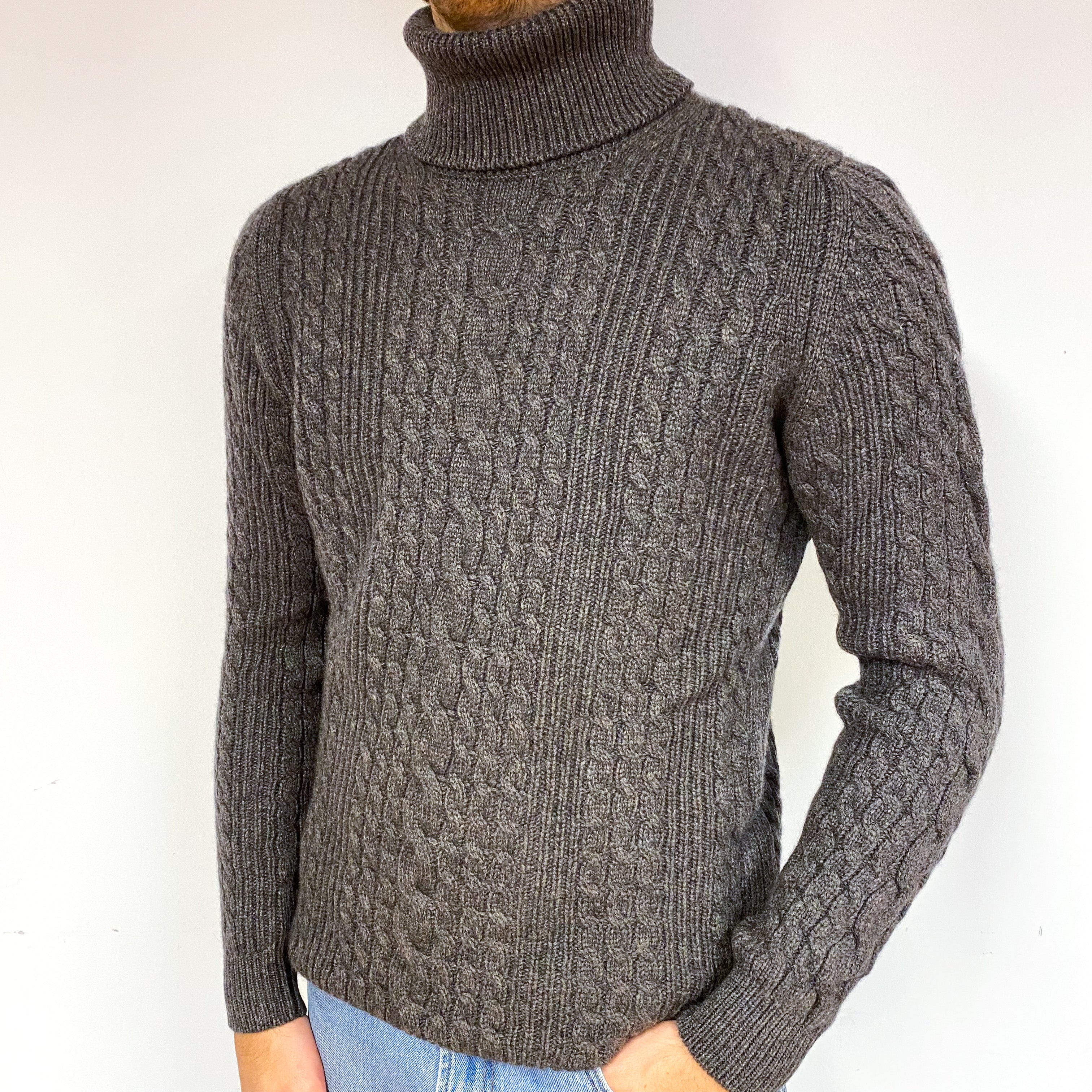 Men’s Brand New Scottish Chunky Muted Brown Polo Neck Jumper Medium & Large