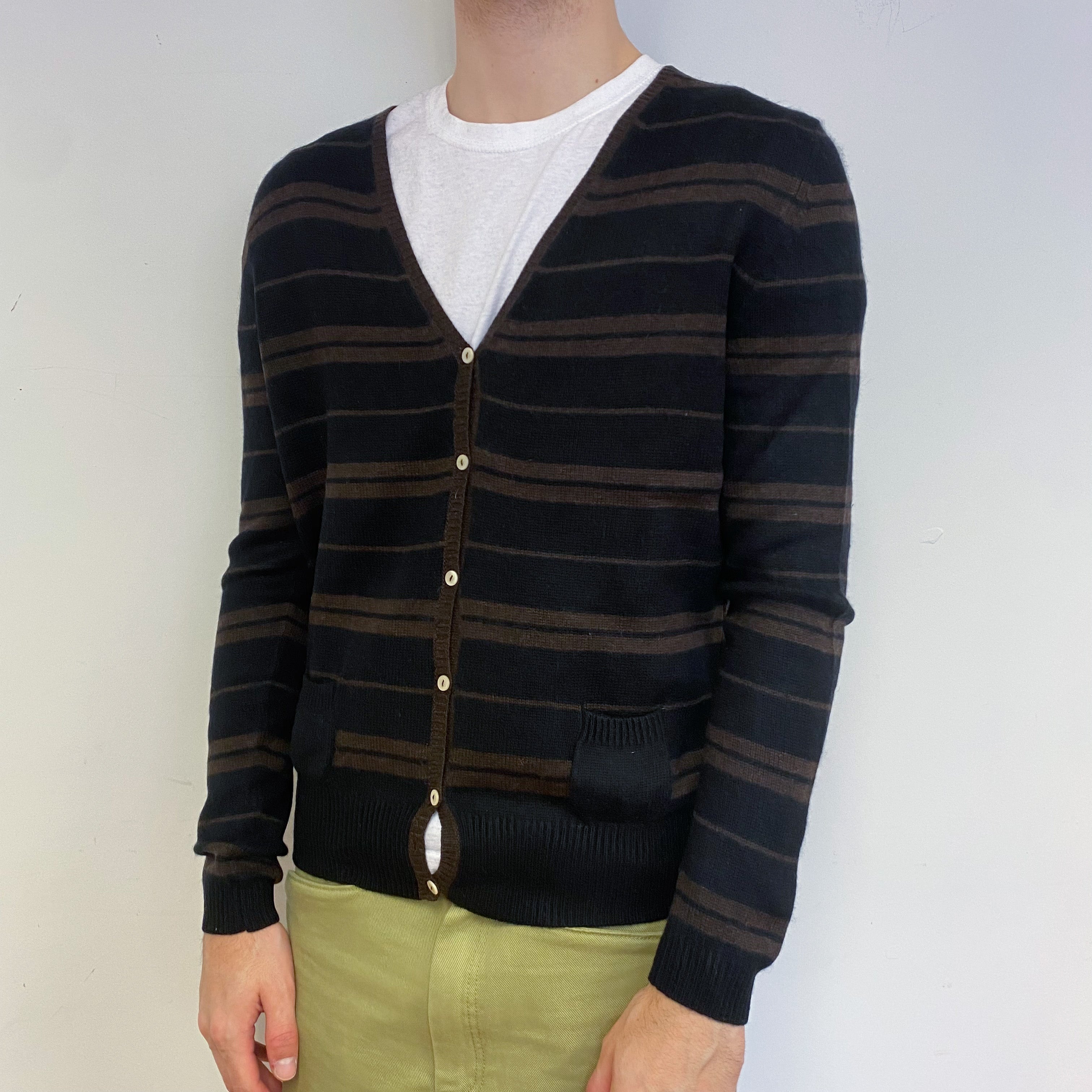 Men’s Black and Chocolate Brown Striped Cardigan Medium