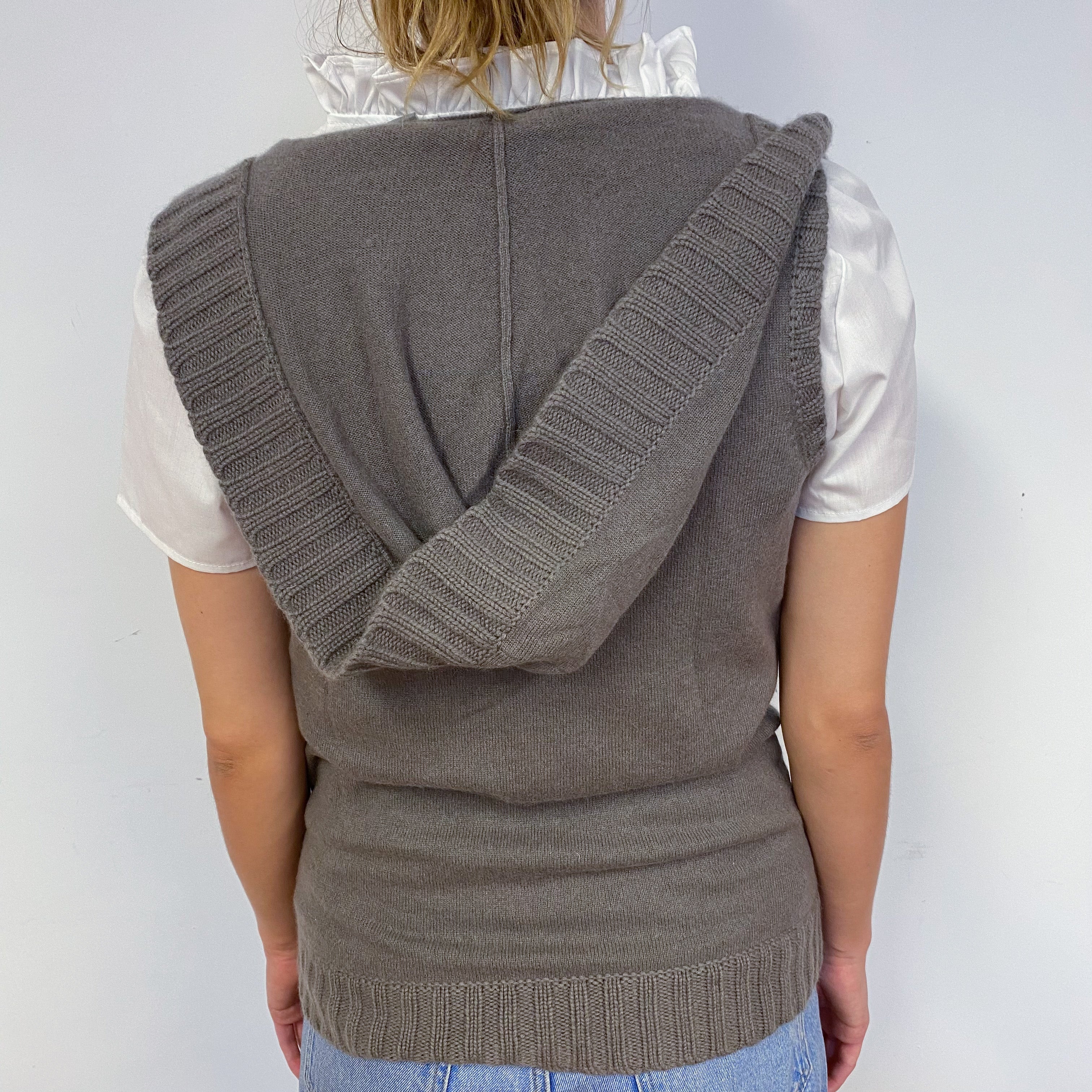 Mocha Grey Sleeveless V Neck Hooded Cardigan Small