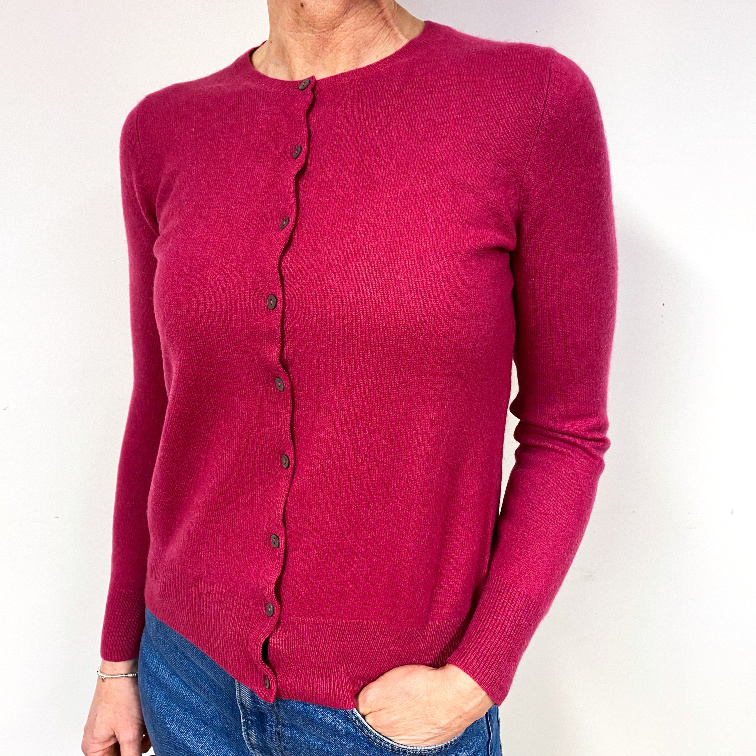 Magenta Pink Cashmere Crew Neck Cardigan Medium