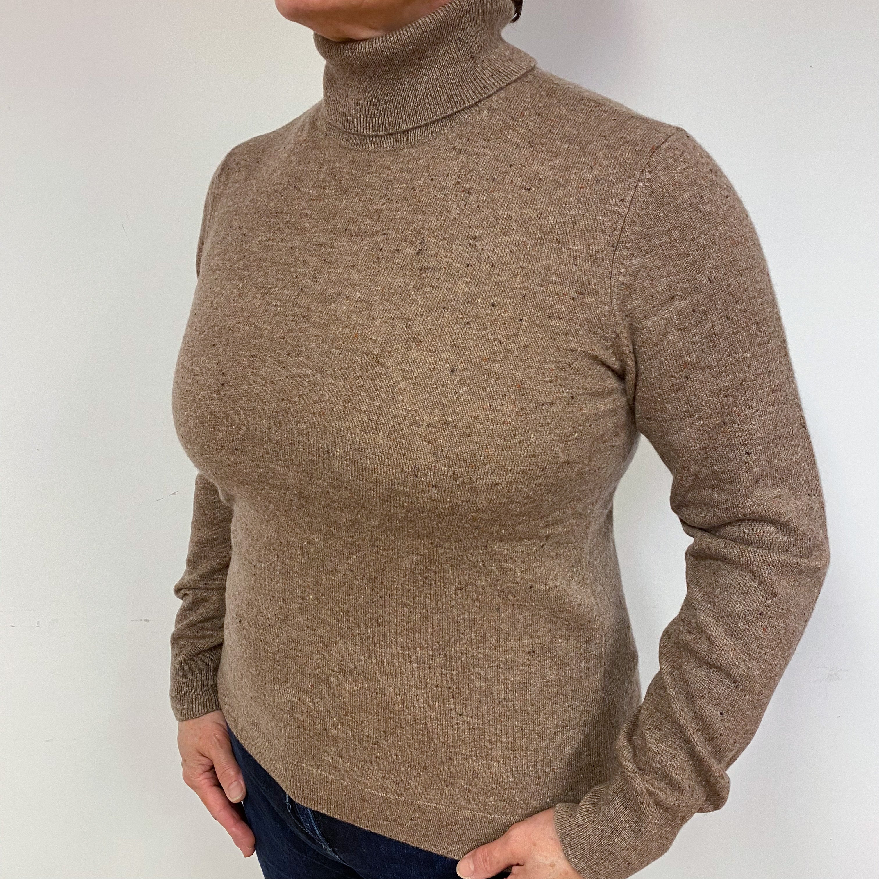 Mocha Brown Marl Cashmere Polo Neck Jumper Large