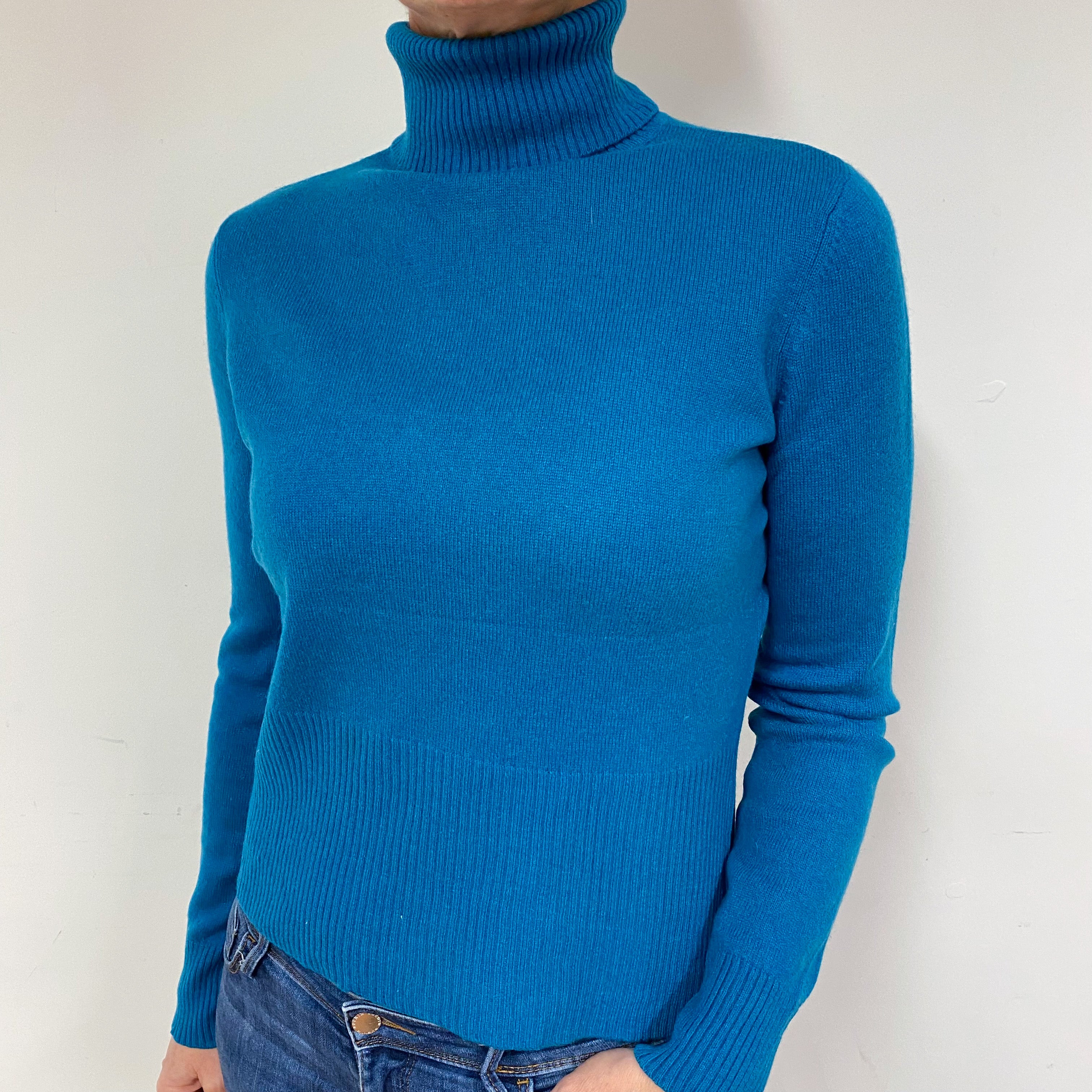 Teal Blue Cashmere Polo Neck Jumper Medium