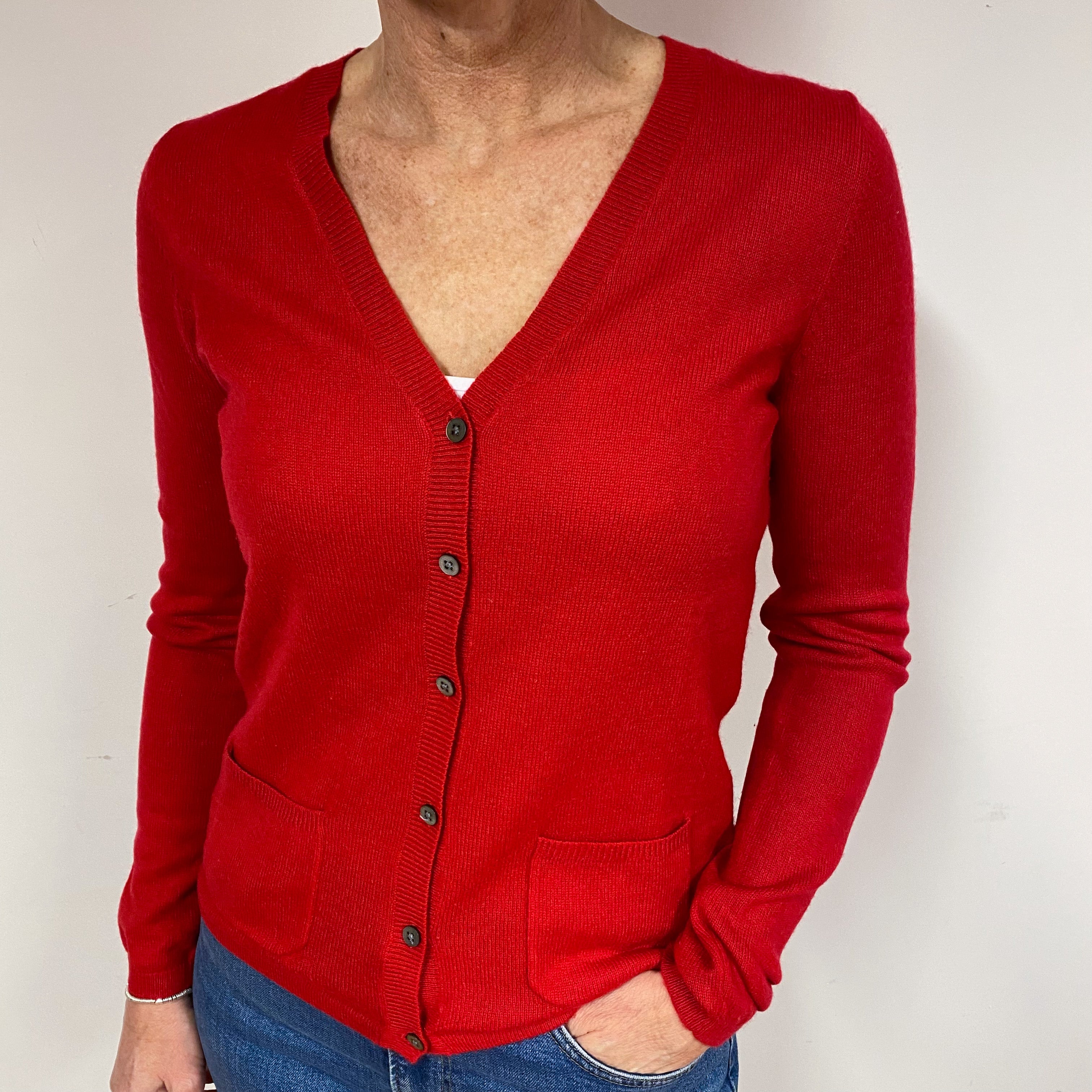Post Box Red Cashmere V-Neck Cardigan Medium
