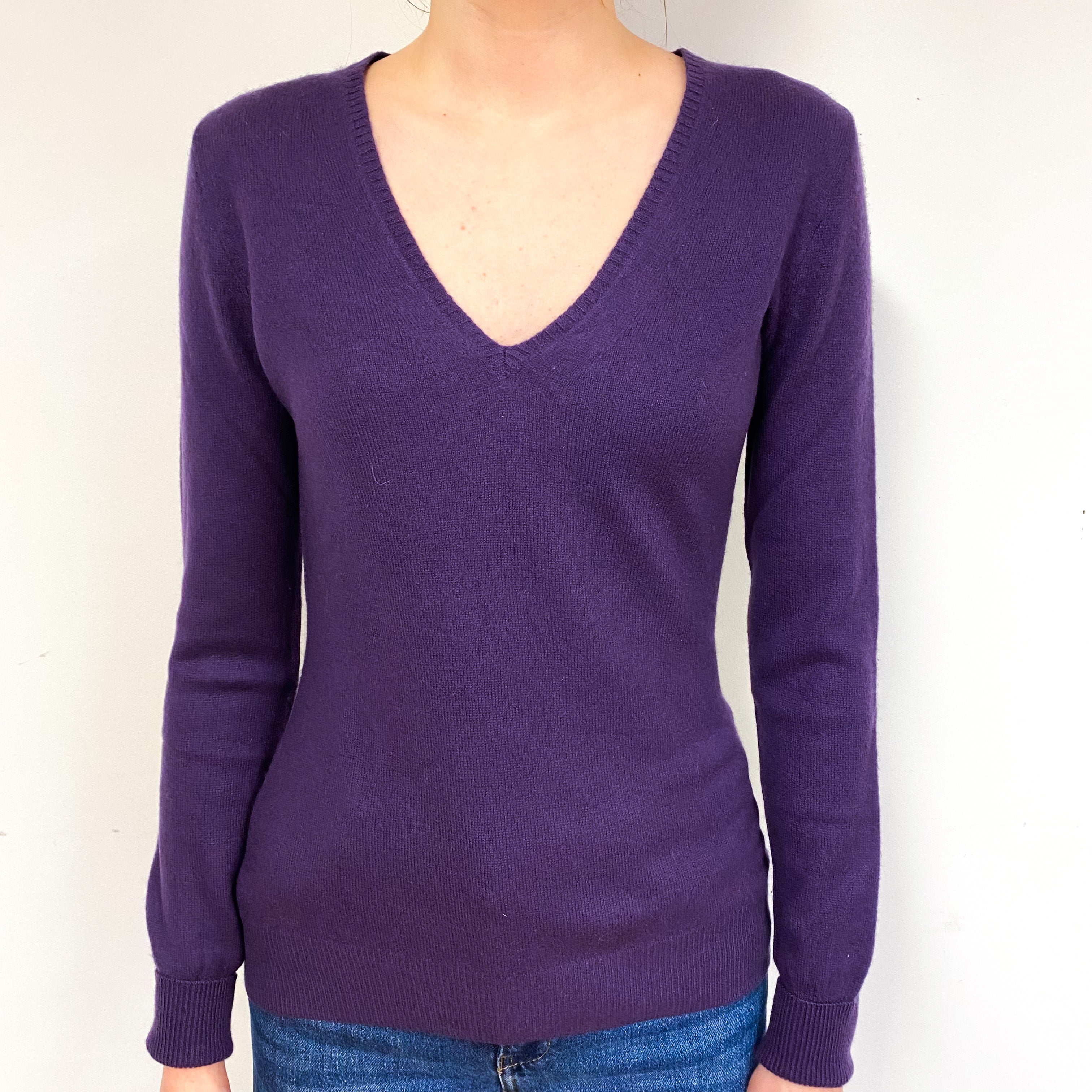 Grape Purple Cashmere V-Neck Jumper Extra Small