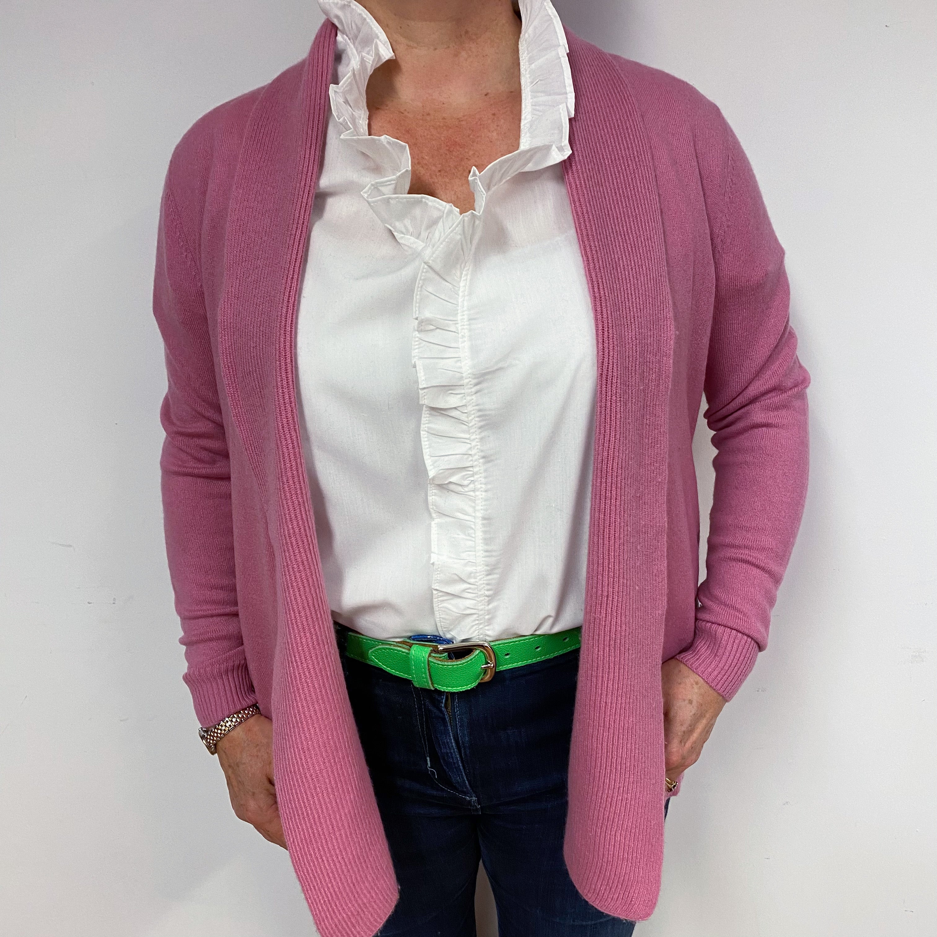 Mauve Pink Ribbed Cashmere Edge to Edge Cardigan Large