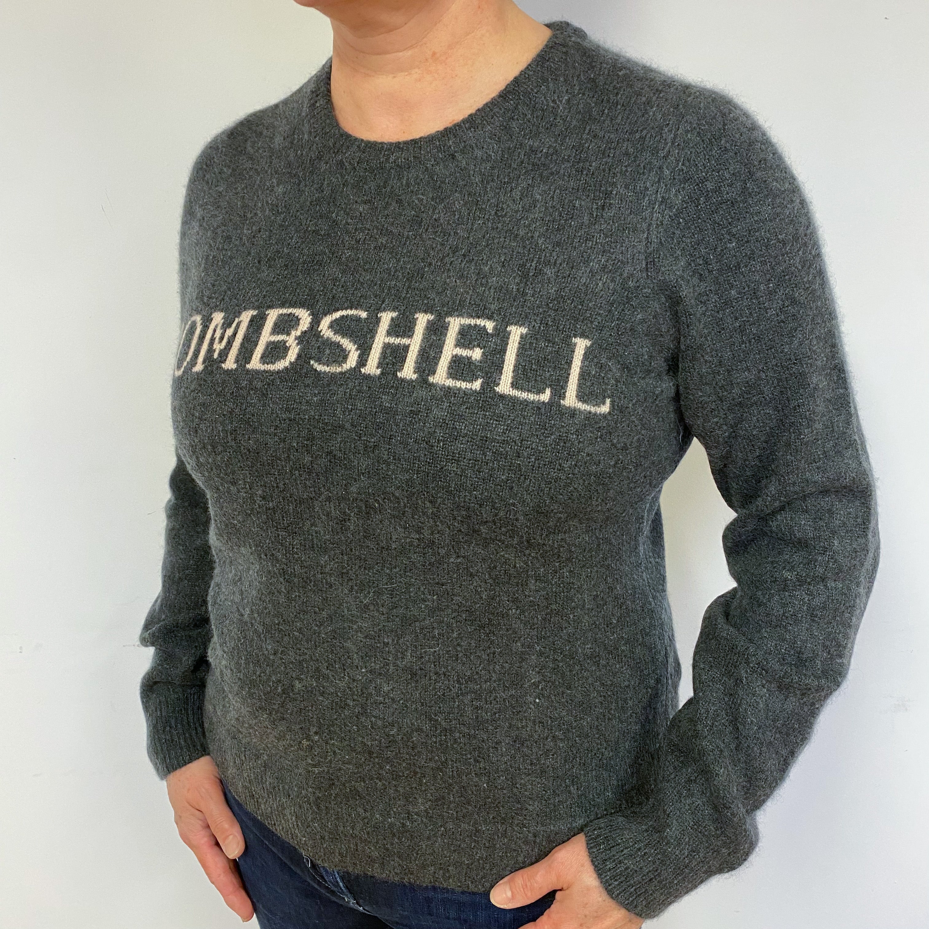 Dark Grey ‘ Bombshell’ Cashmere Crew Neck Jumper Large.