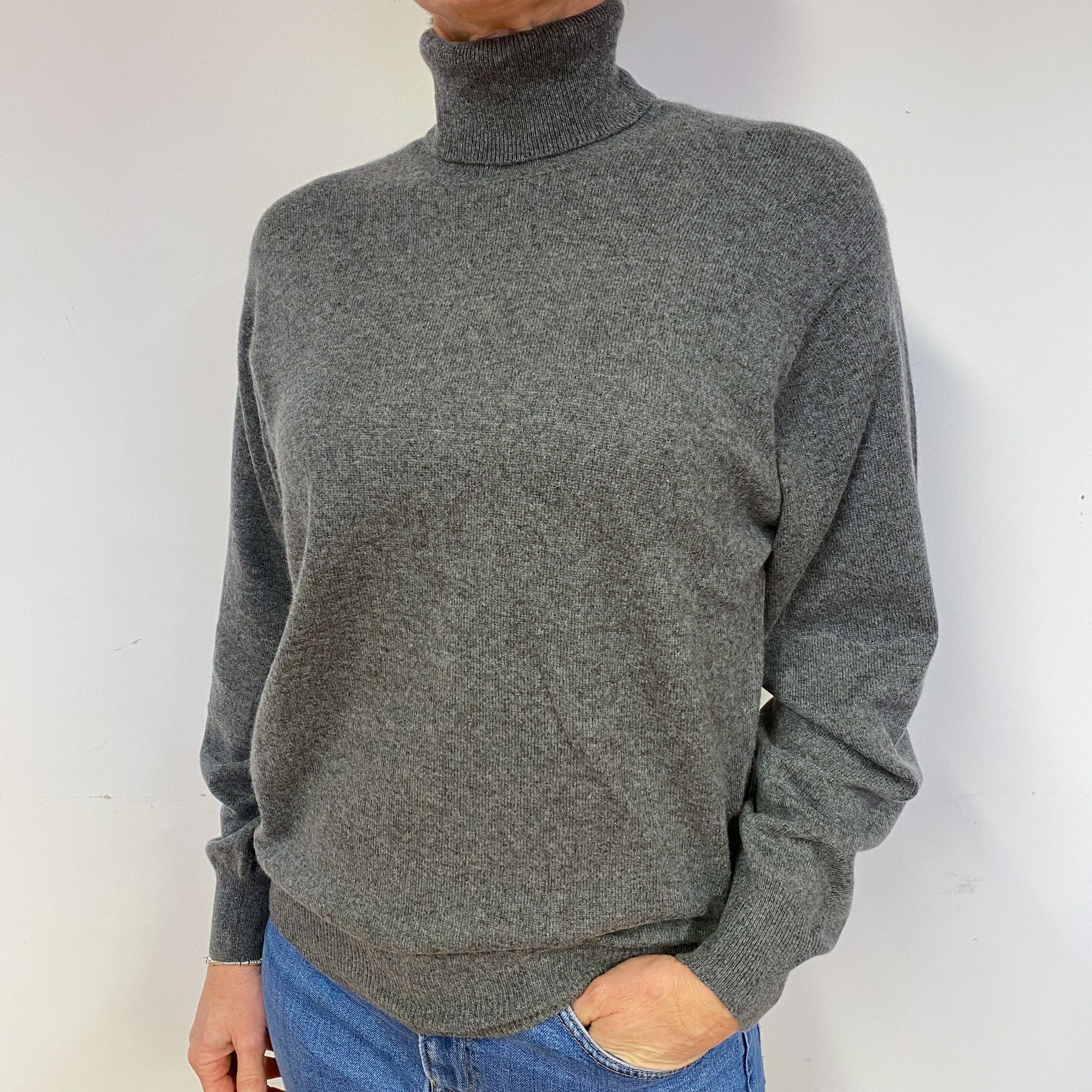 Steel Grey Cashmere Polo Neck Jumper Medium
