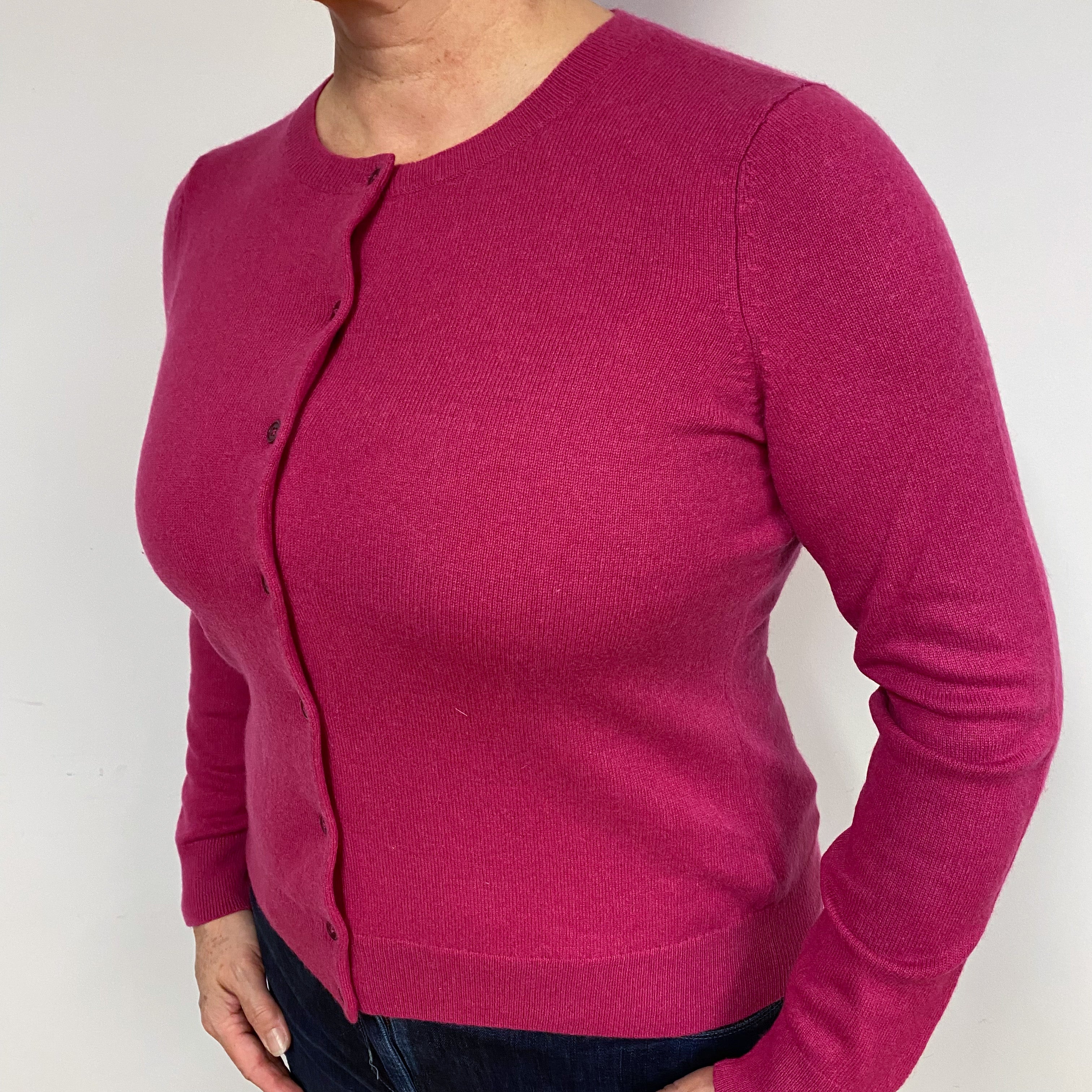 Magenta Pink Cashmere Crew Neck Cardigan Large