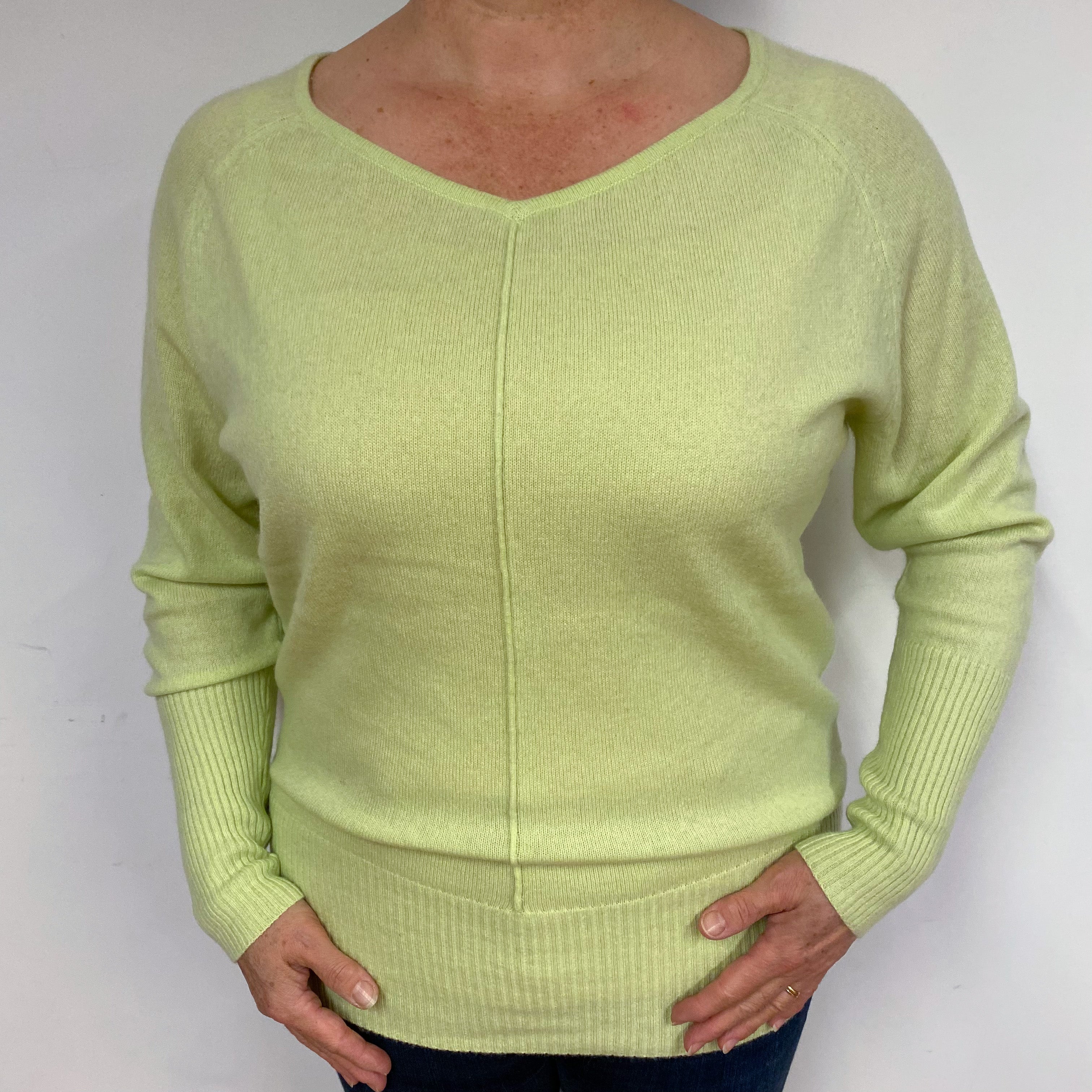 Lime Green Batwing Cashmere V-Neck Jumper Large