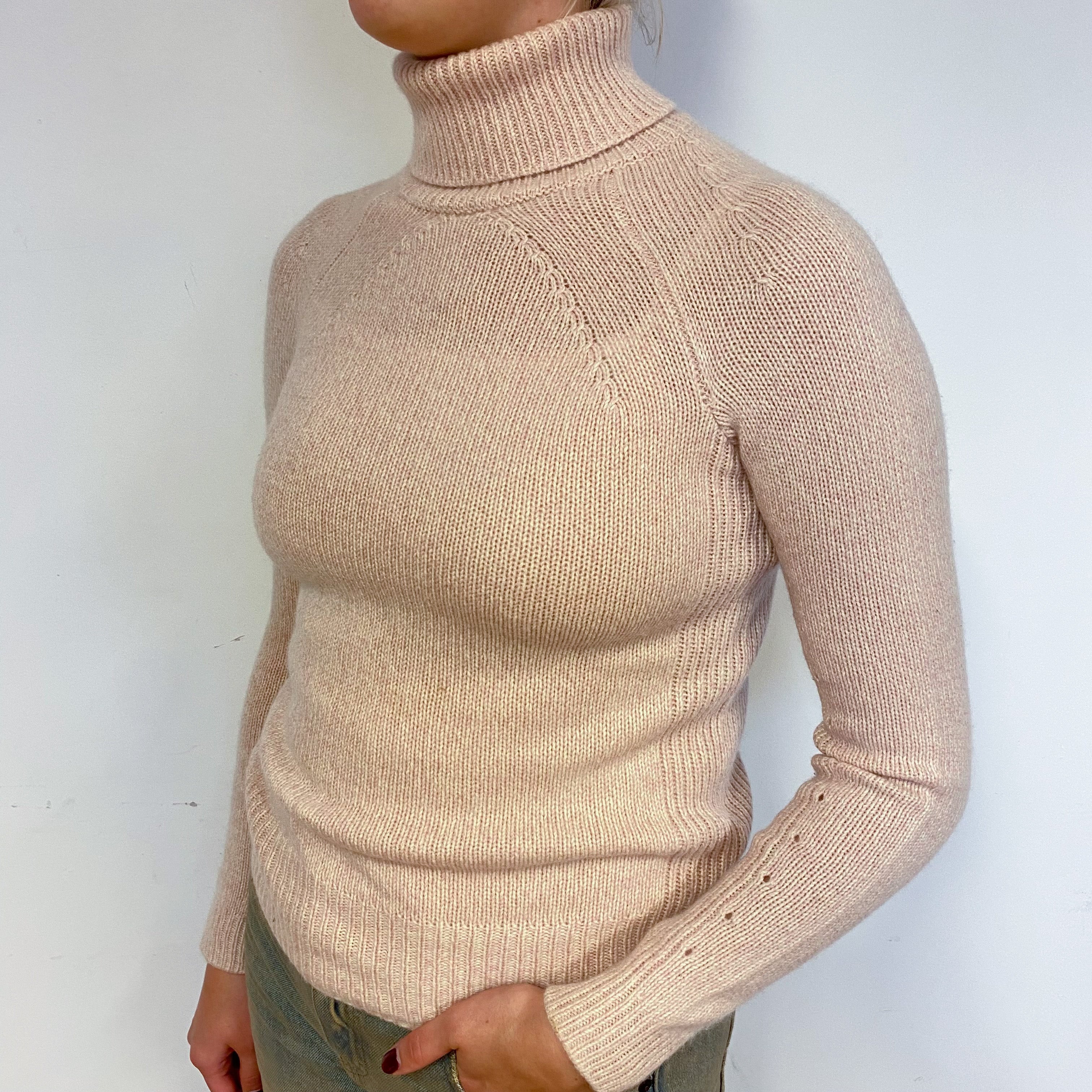 Shell Pink Heavy Knit Cashmere Polo Neck Jumper Small