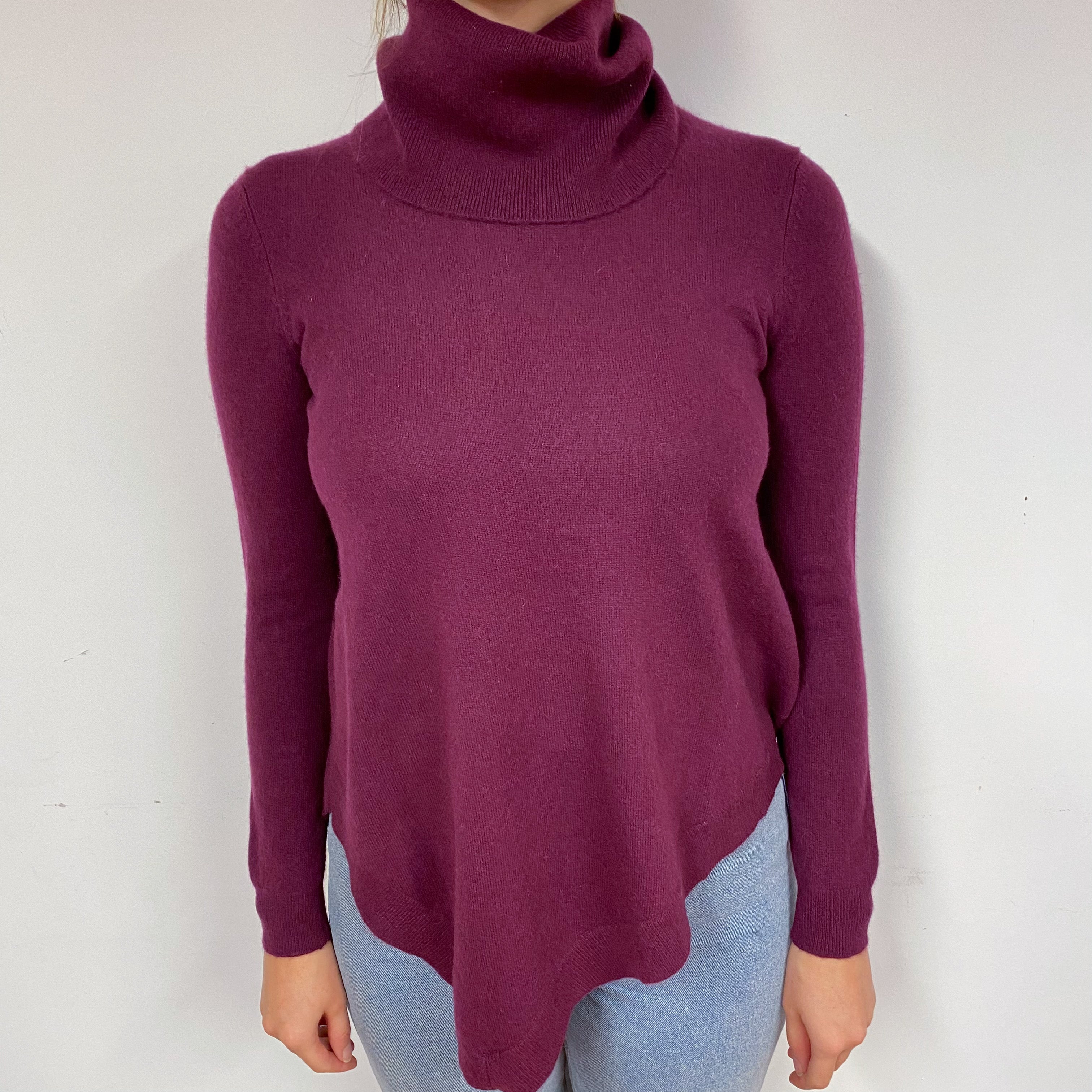 Loganberry Purple Asymmetric Cashmere Polo Neck Jumper Small
