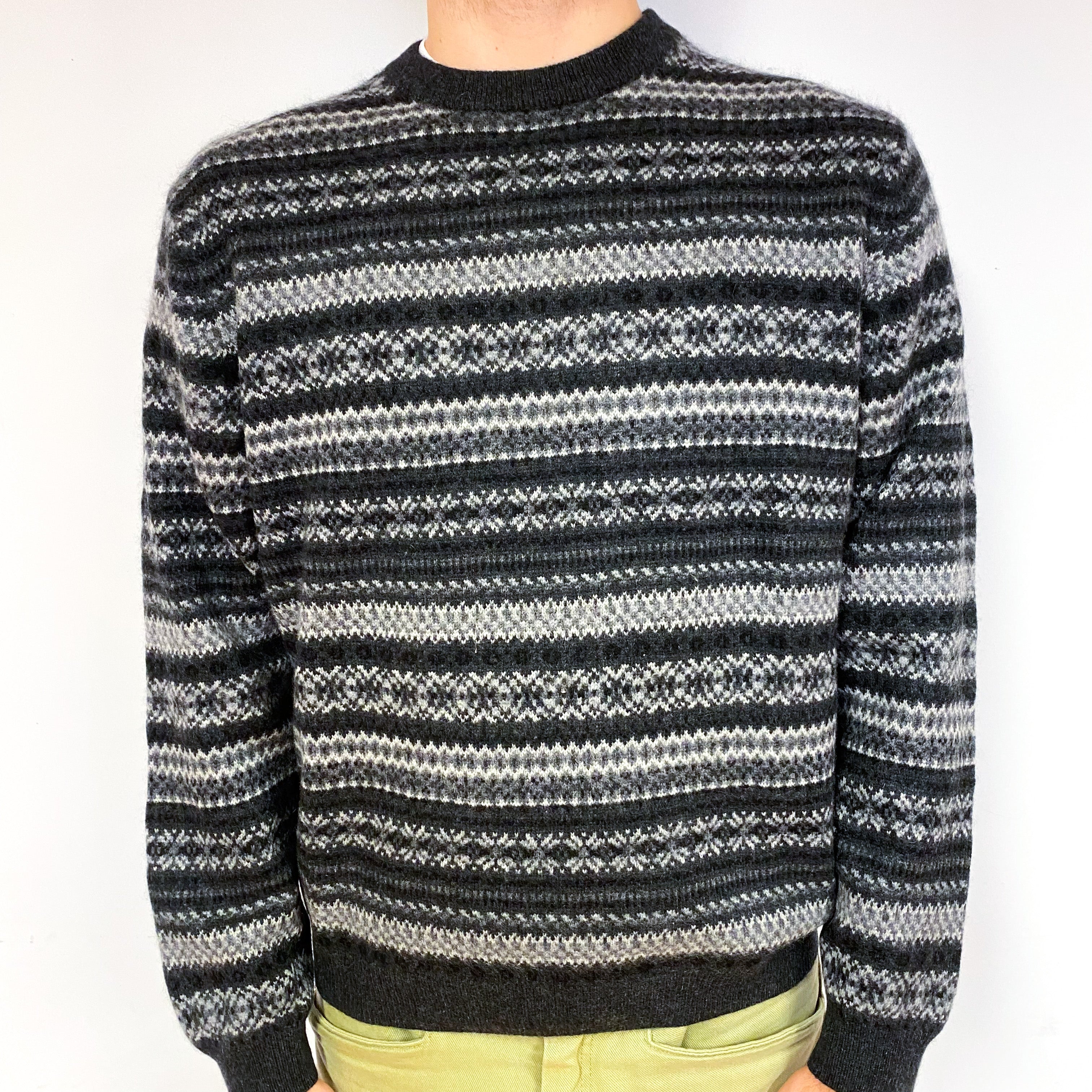 Men's Grey Fair Isle Cashmere Crew Neck Jumper Large