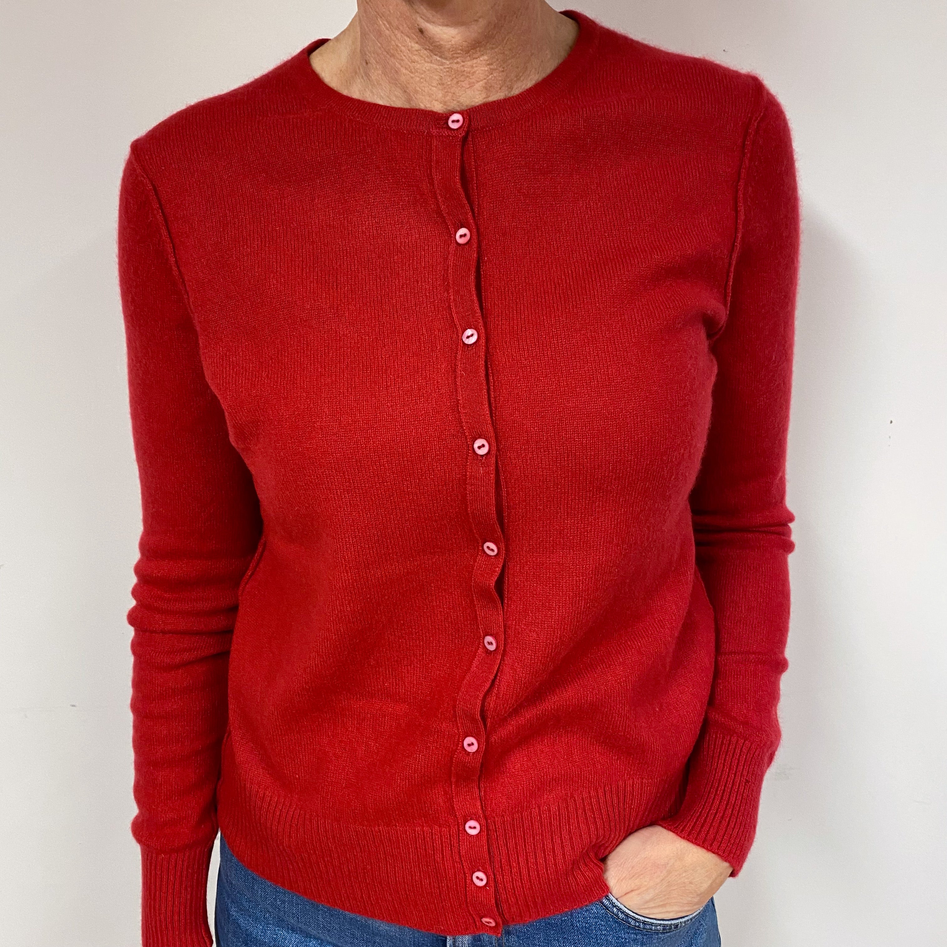 Post Box Red Cashmere Crew Neck Cardigan Medium