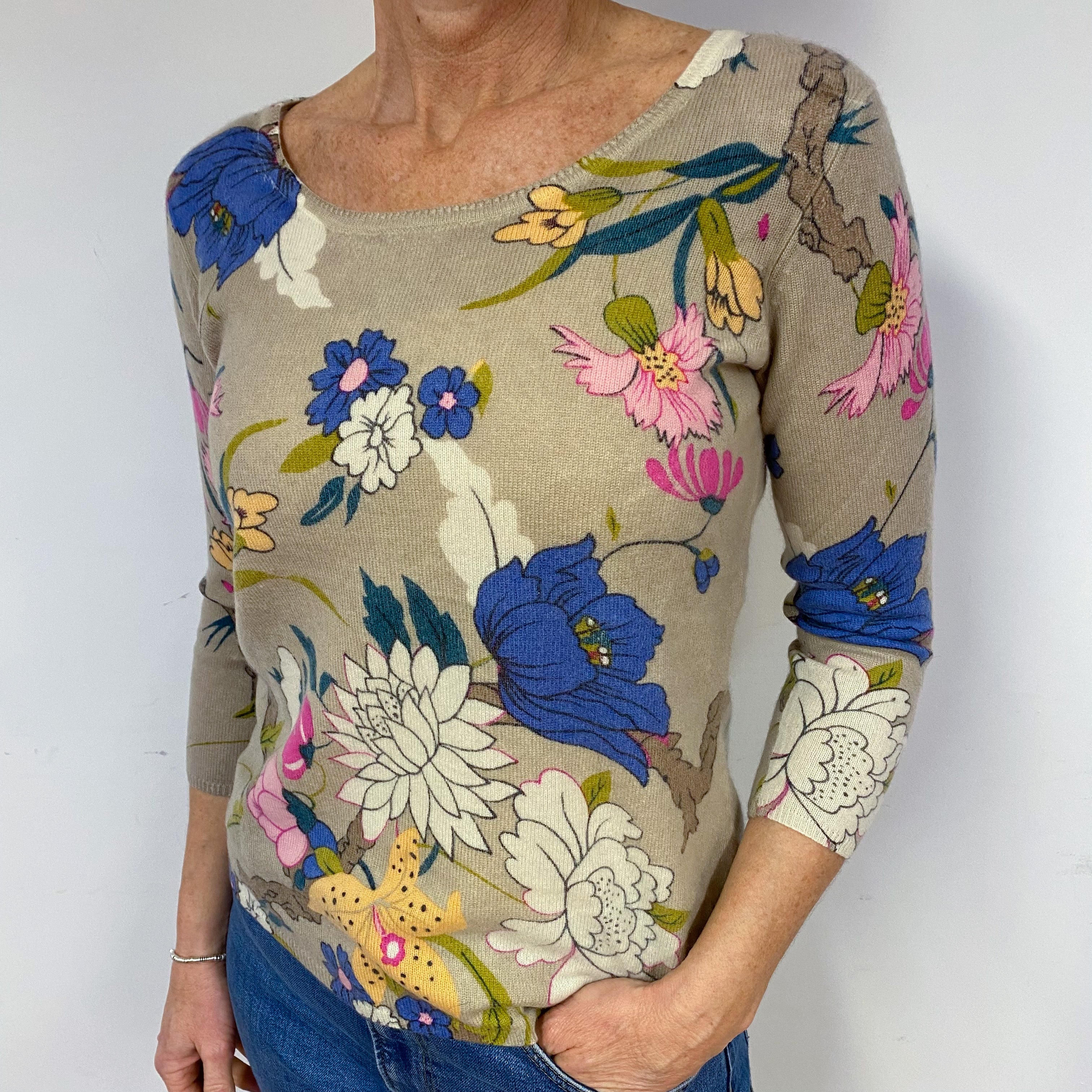Beige Floral Cashmere Scoop Neck Jumper Medium