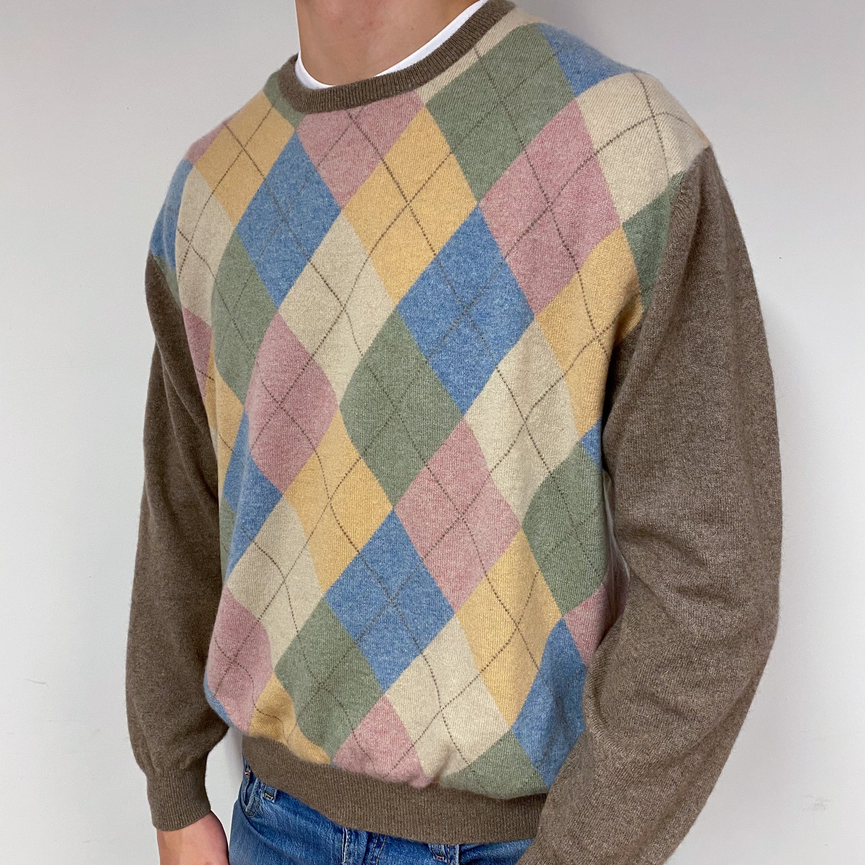 Men's Mocha Brown Colourful Cashmere Crew Neck Jumper XXLarge