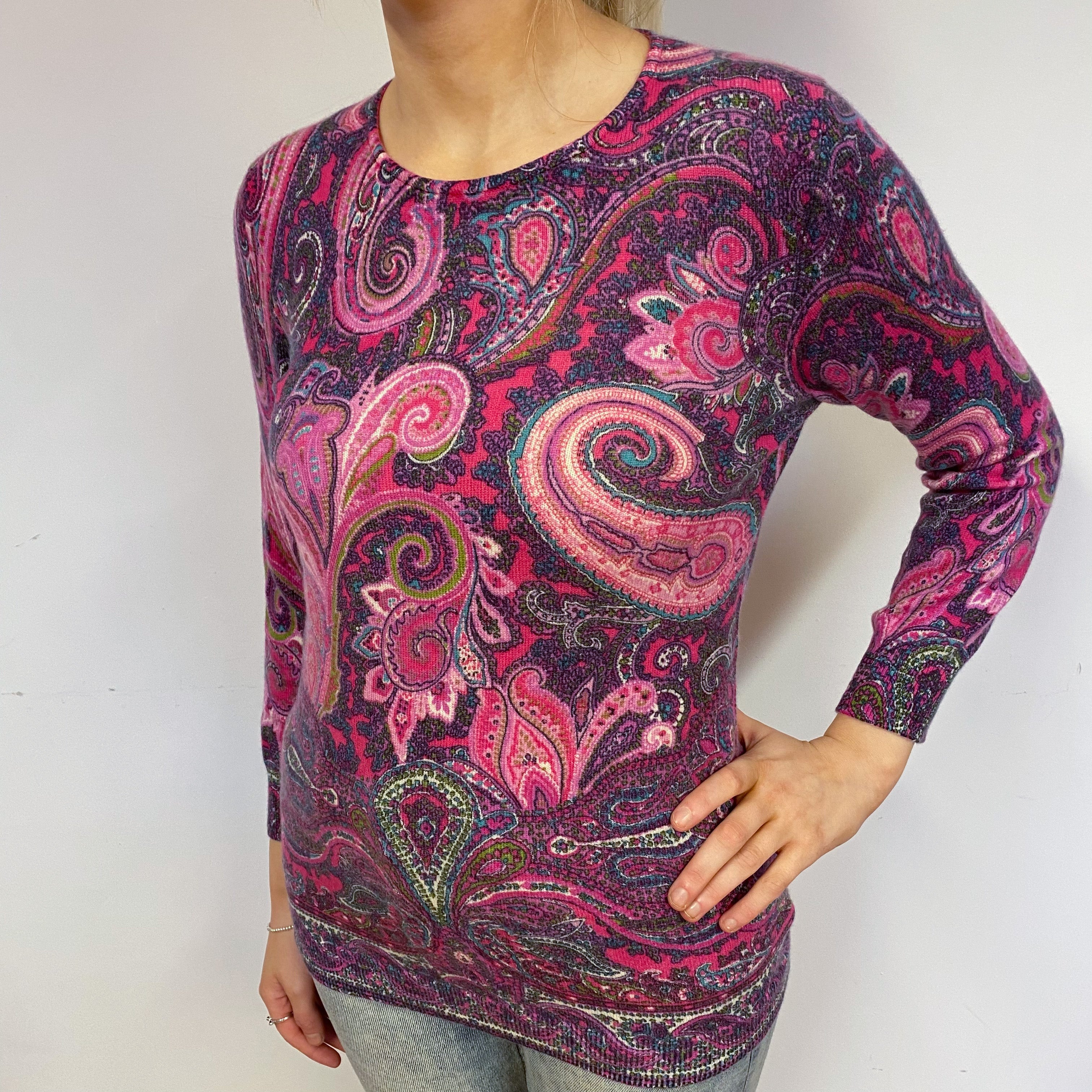 Pink Paisley Cashmere Crew Neck Jumper Small