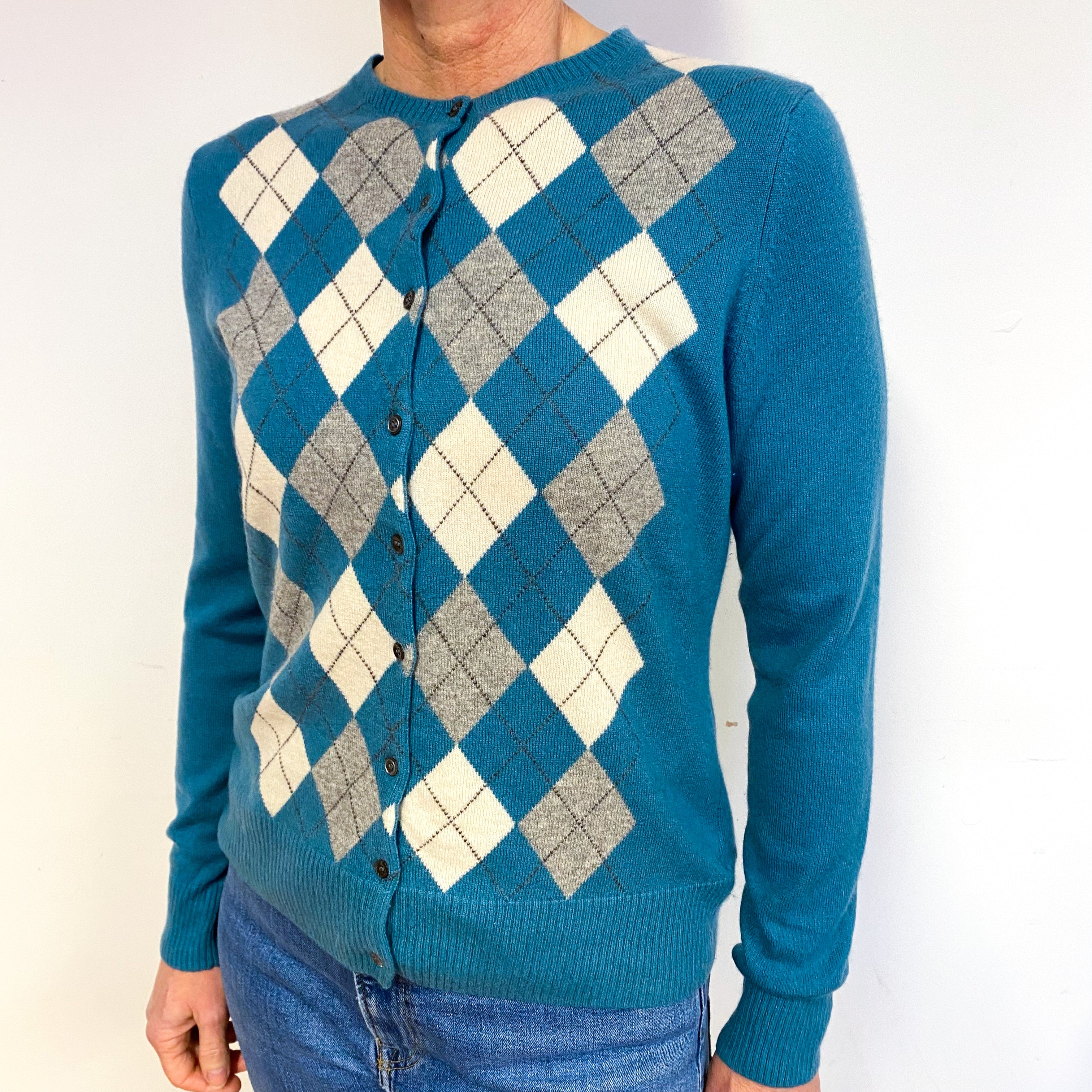 Teal Green Argyle Cashmere Crew Neck Cardigan Medium