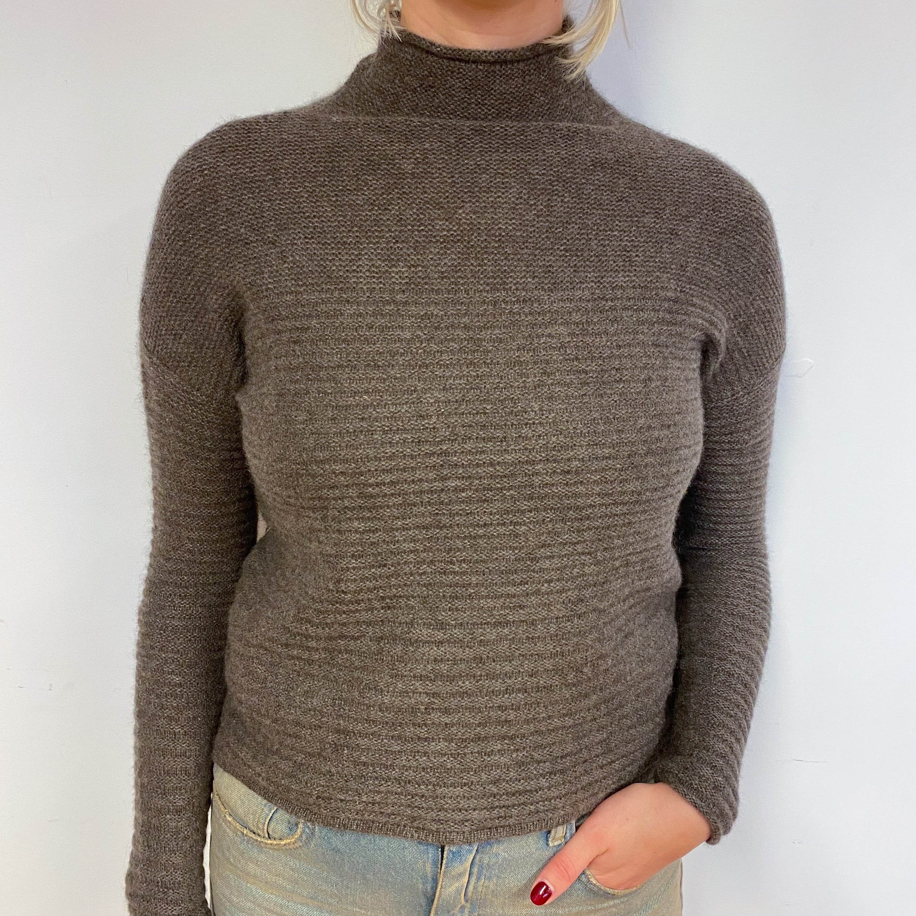 Muted Brown Ribbed Cashmere Turtle Neck Jumper Small